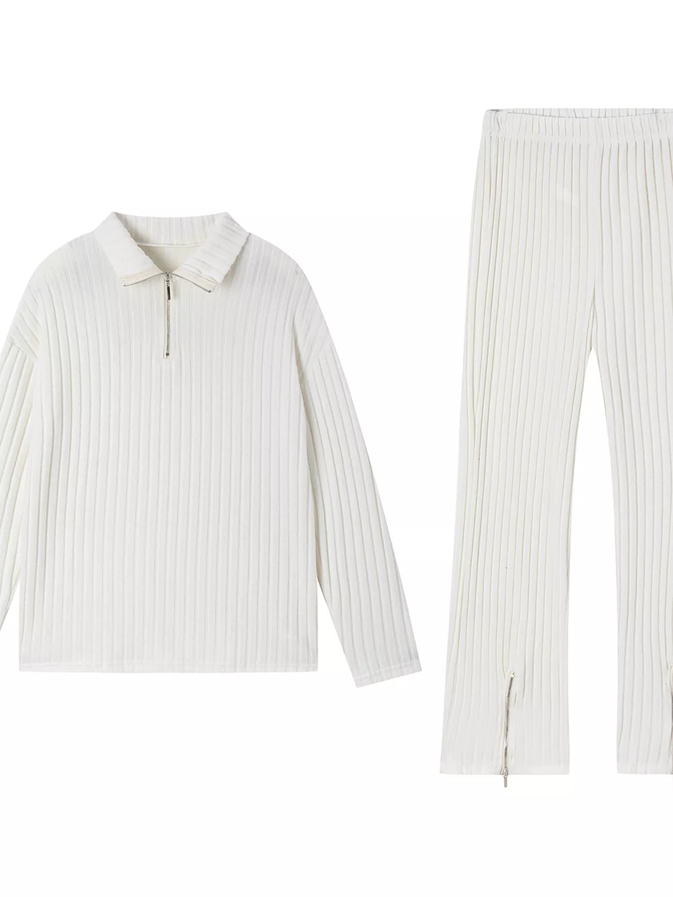 White ribbed knit half-zip top and wide-leg pants set, flat lay