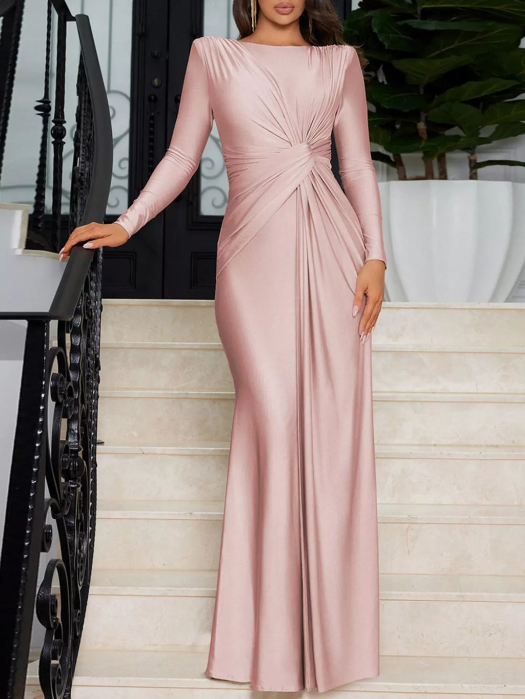 Pink twisted long sleeve maxi dress with ruched knot at waist and square neckline