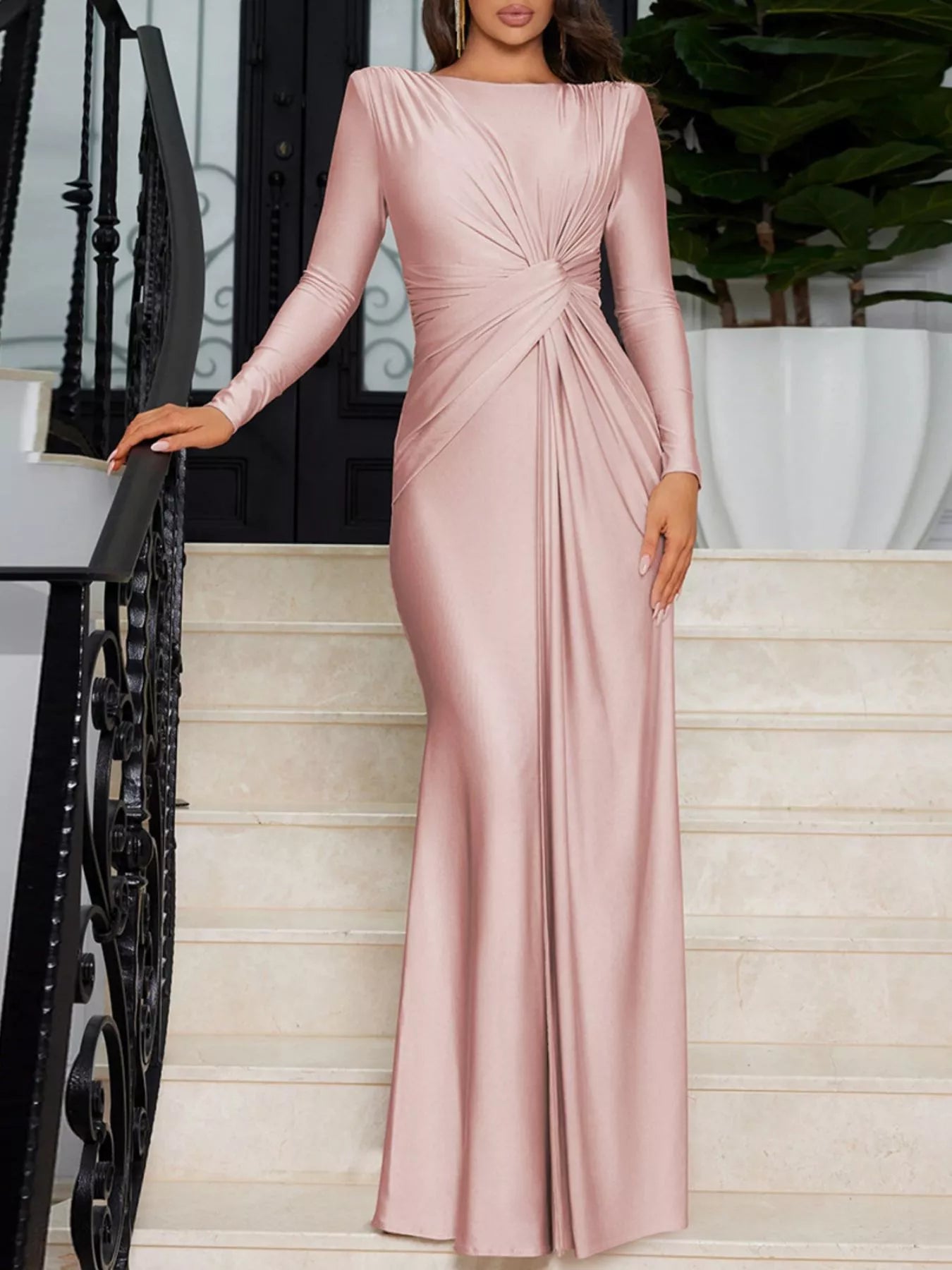 Pink twisted long sleeve maxi dress with ruched knot at waist and square neckline
