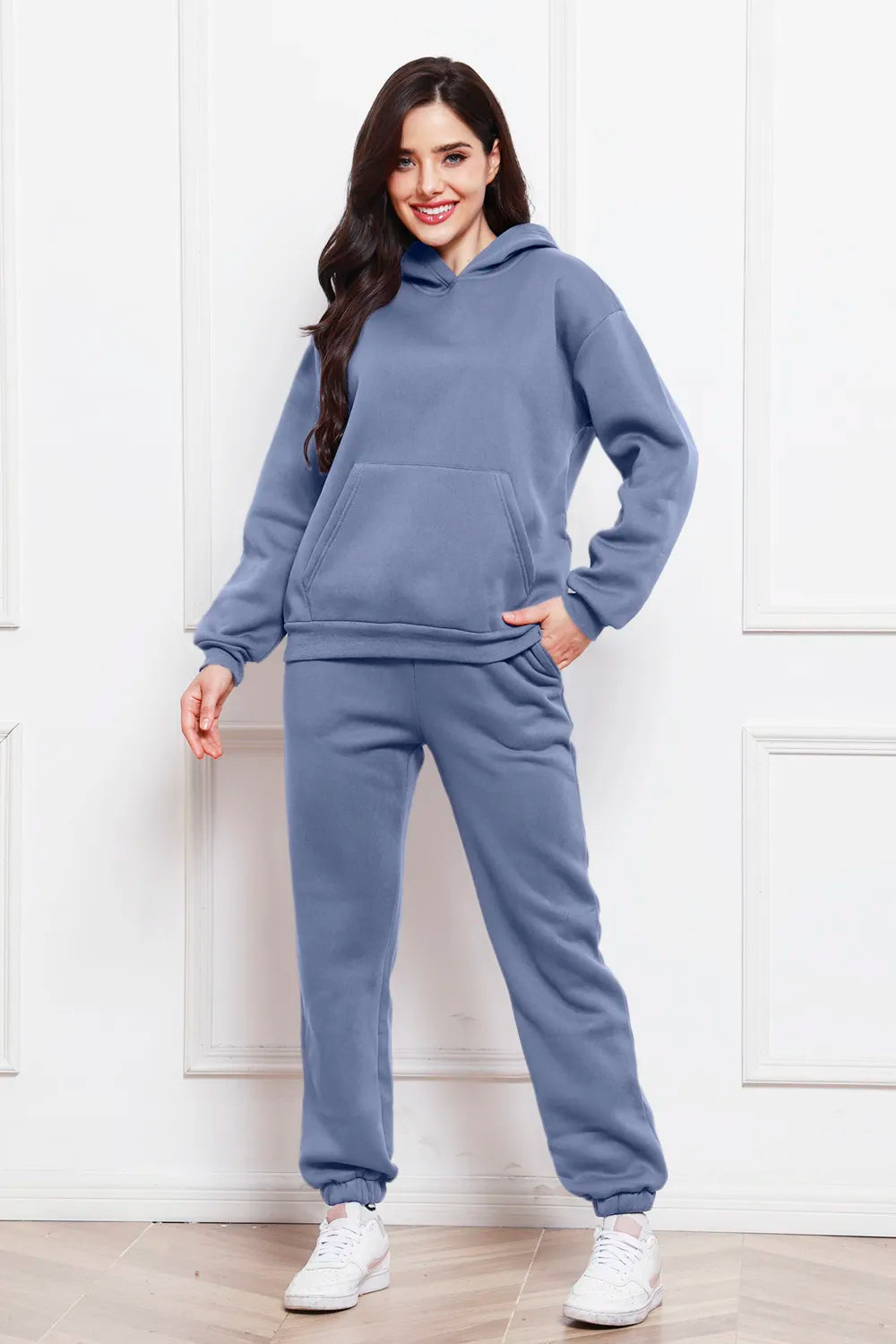 Light blue drop-shoulder pullover hoodie and jogger pants set with drawstring hood and front pocket
