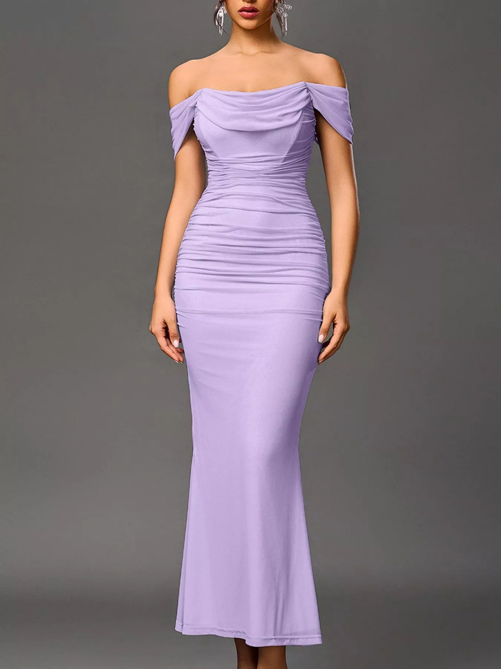 Lavender off-shoulder ruched mermaid maxi dress, fitted with tapered hem
