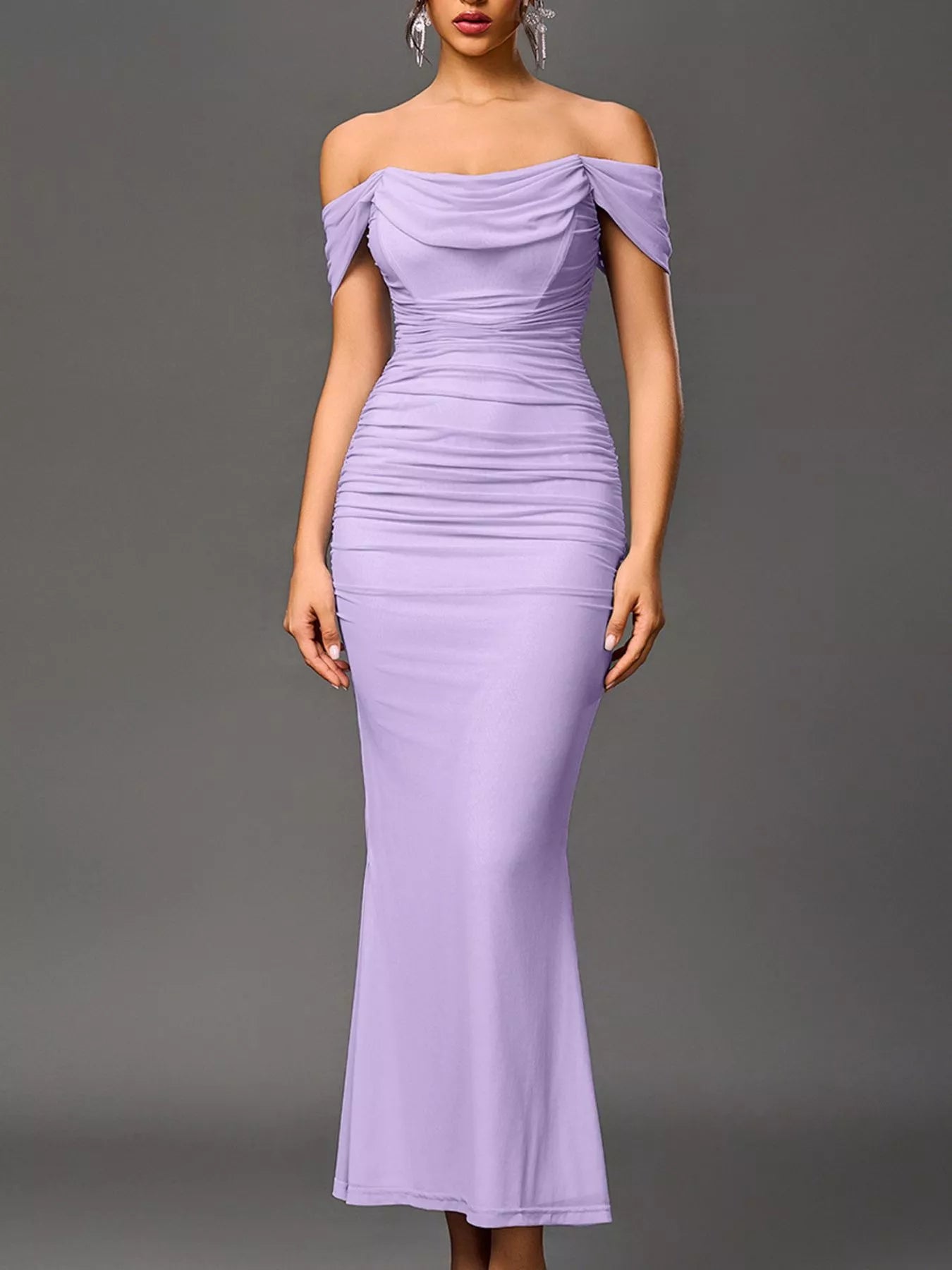 Lavender off-shoulder ruched mermaid maxi dress, fitted with tapered hem