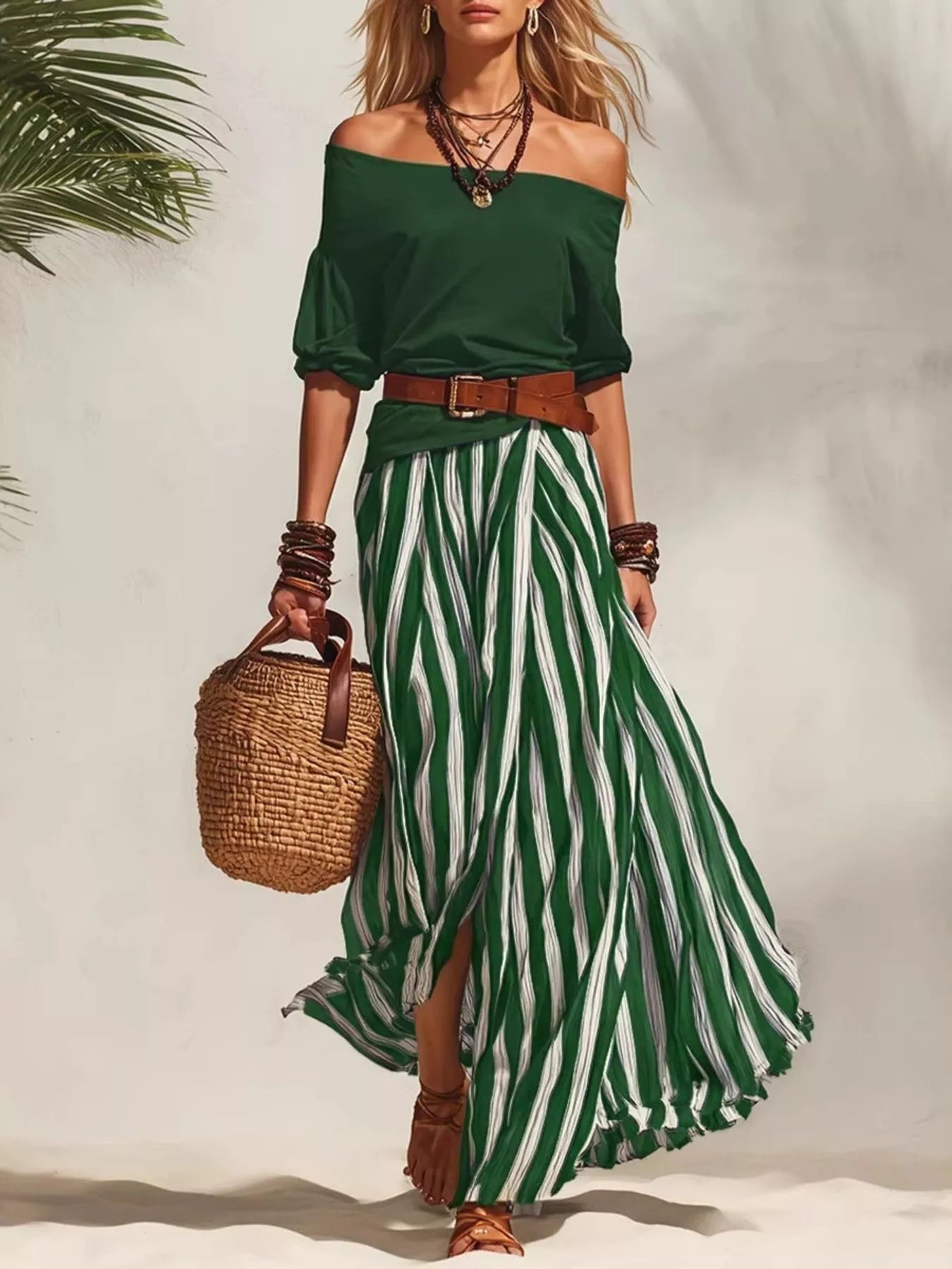Green off-shoulder top with green-and-white striped maxi skirt, brown belt