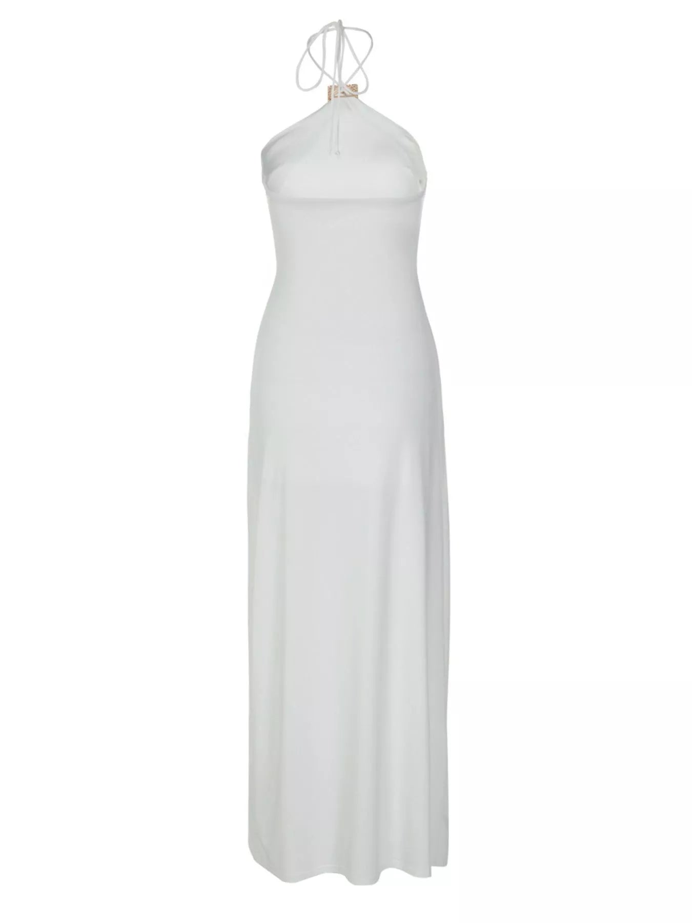 White backless halter maxi dress on hanger, front view with ruched waist panel.