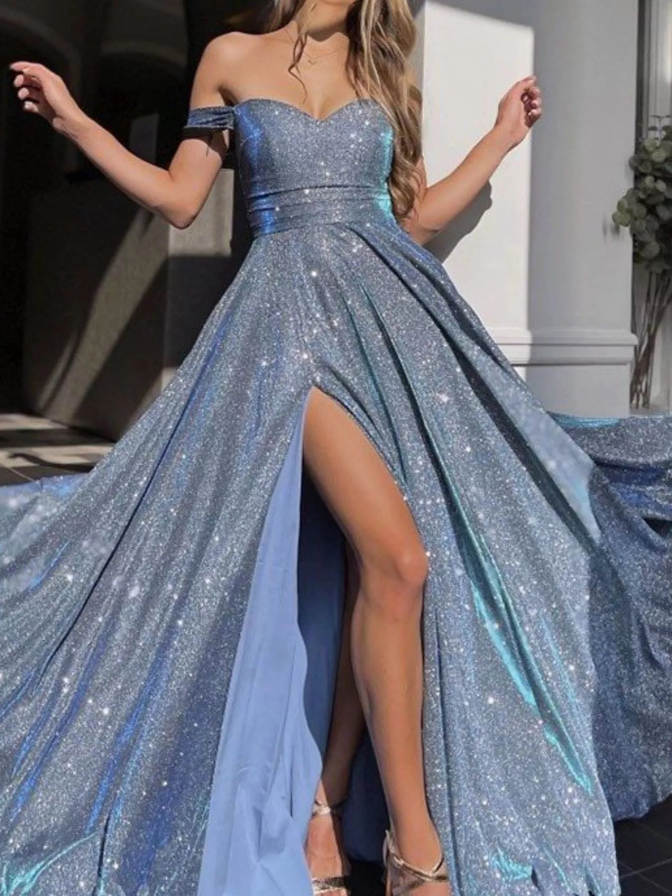 Light blue off-shoulder glitter maxi dress with sweetheart neckline and high slit