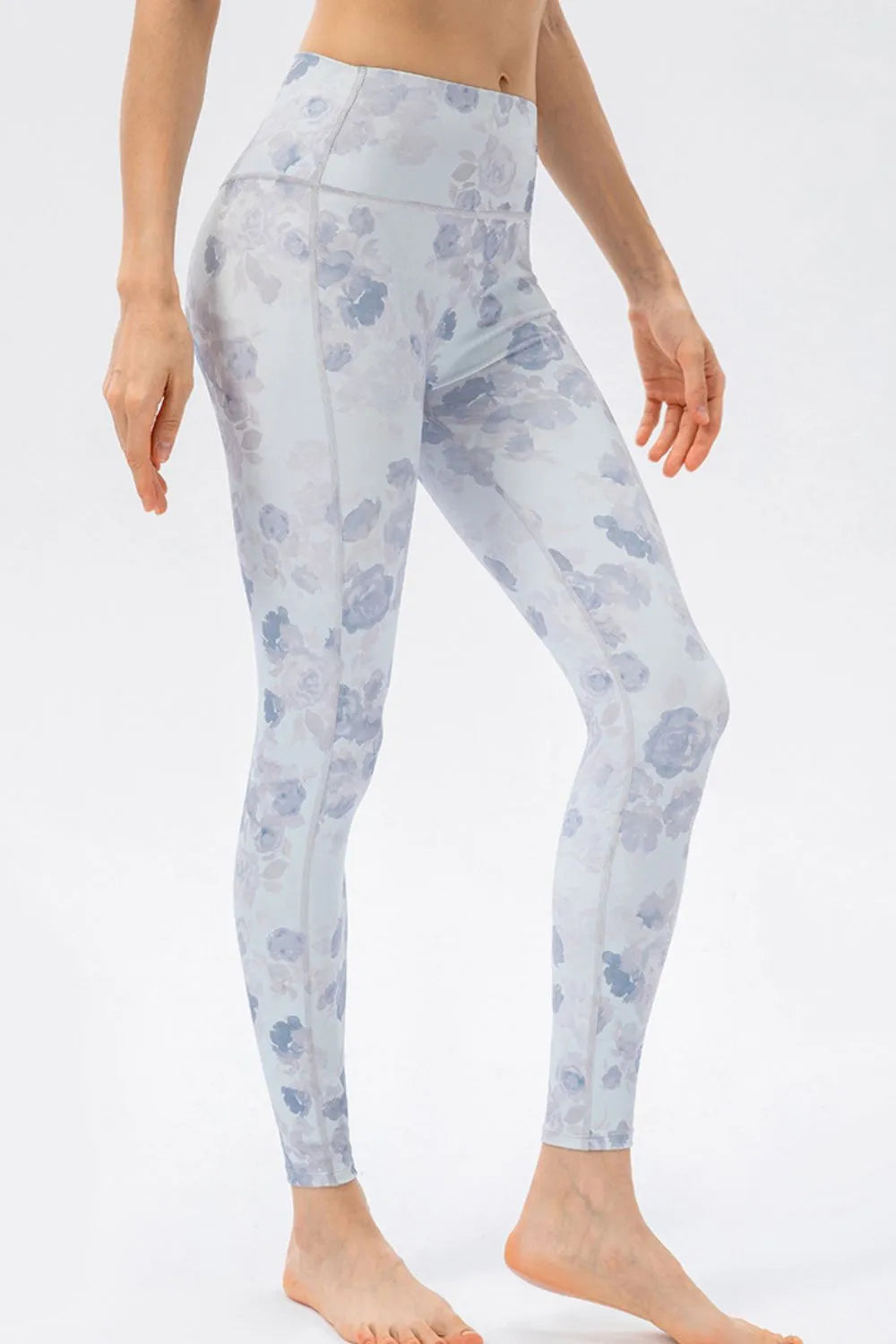 Light blue floral print high-waist skinny active pants with ankle-length hem