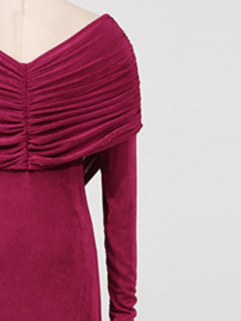Red ruched draped maxi dress bodice with V-neck crossover and long-sleeve sleeve detail.