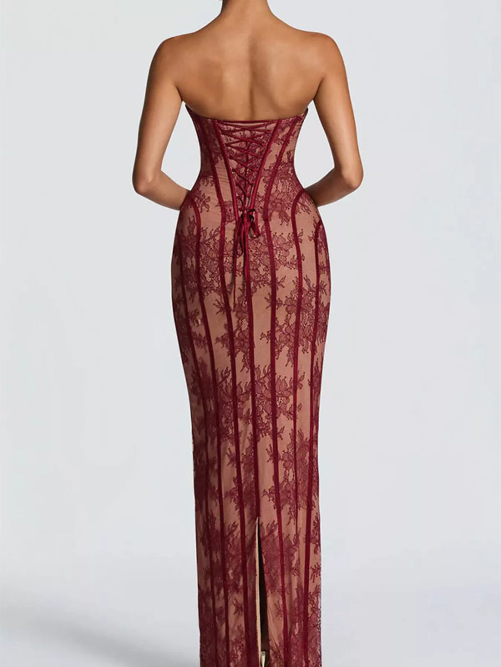 Burgundy lace-up back strapless maxi dress back view, sheer lace with vertical stripe pattern