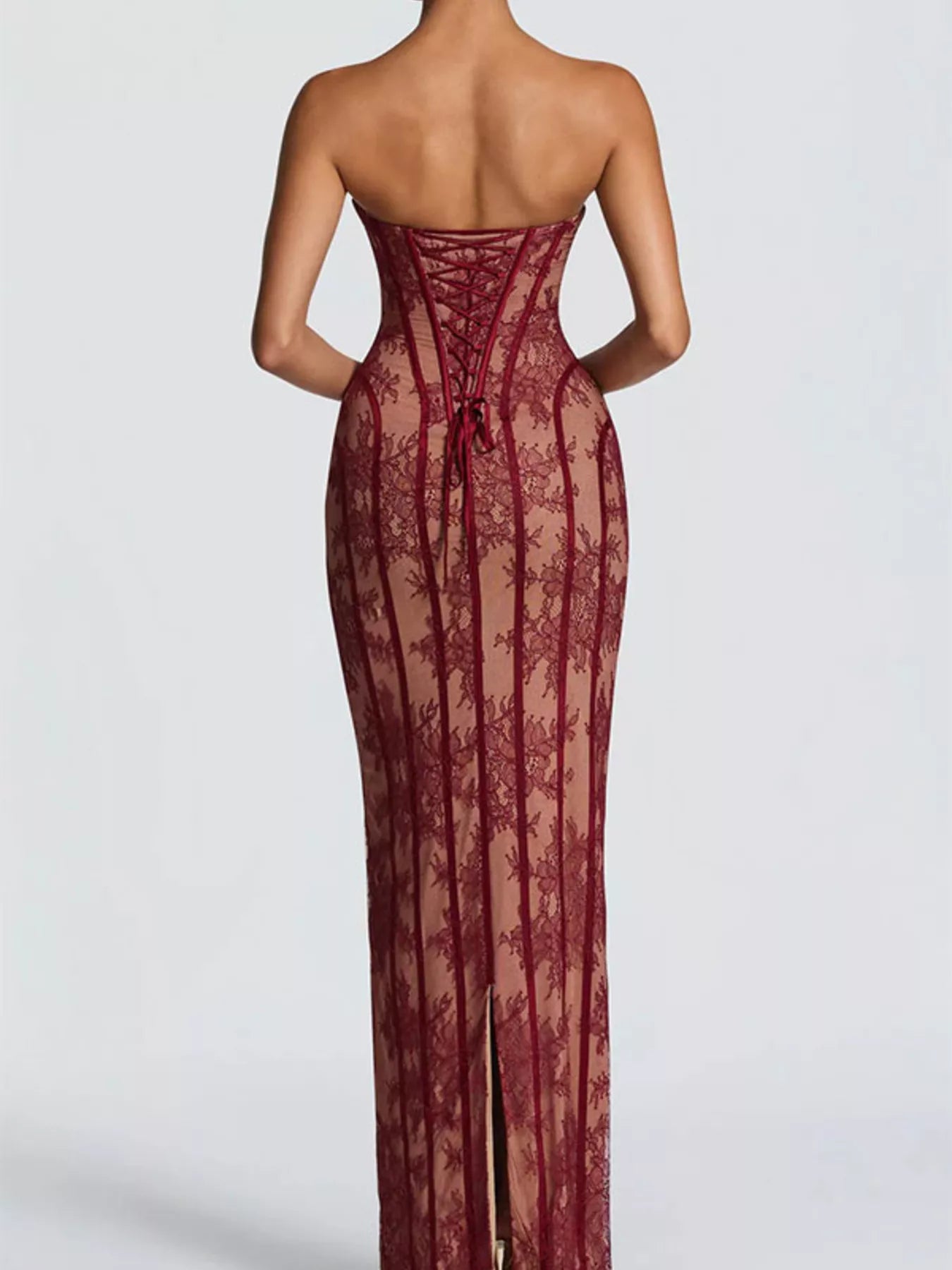 Burgundy lace-up back strapless maxi dress back view, sheer lace with vertical stripe pattern