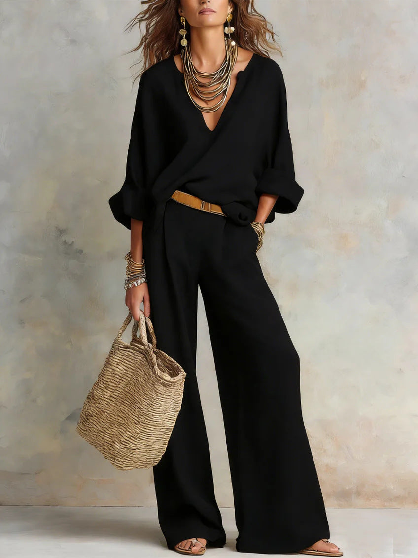 Casual Linen Vacation Set – Three-Quarter Sleeve Top & Full-Length Pants