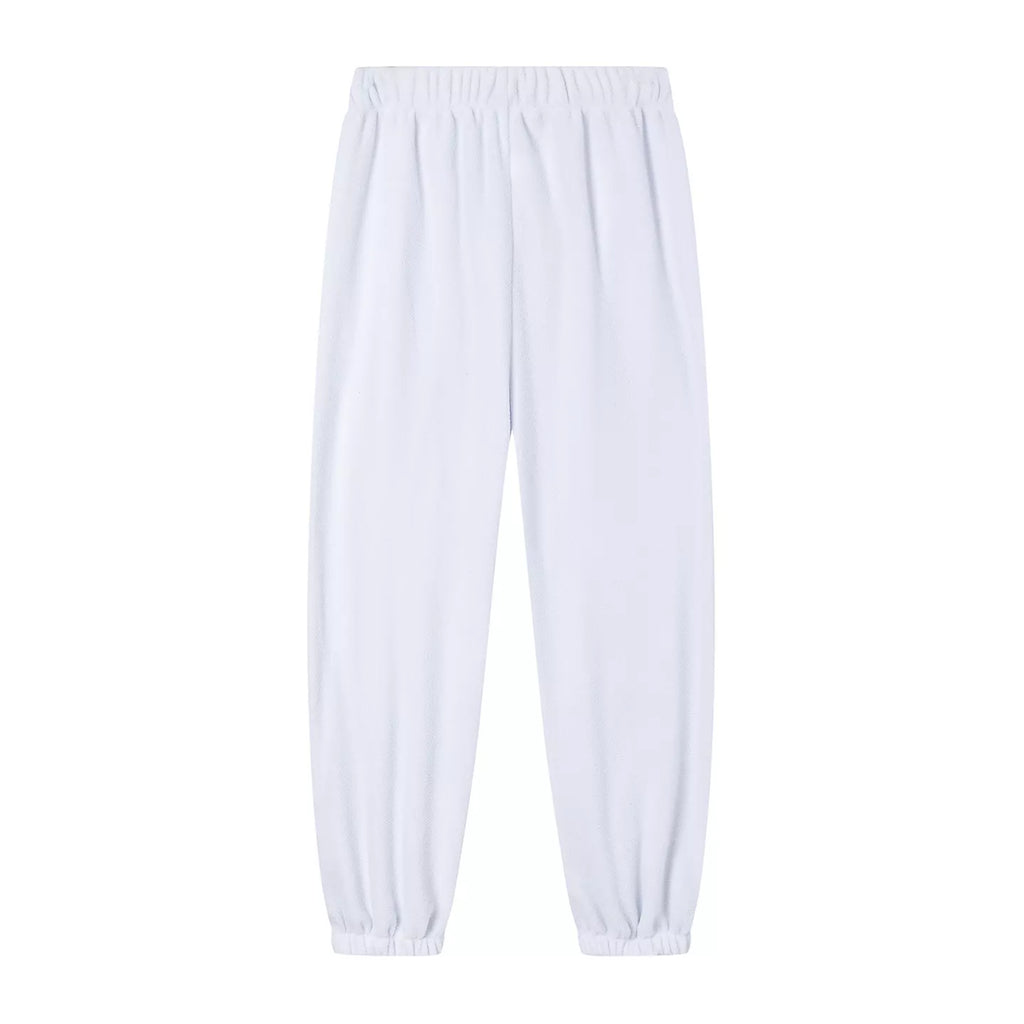 White jogger pants with elastic waistband and gathered cuffs