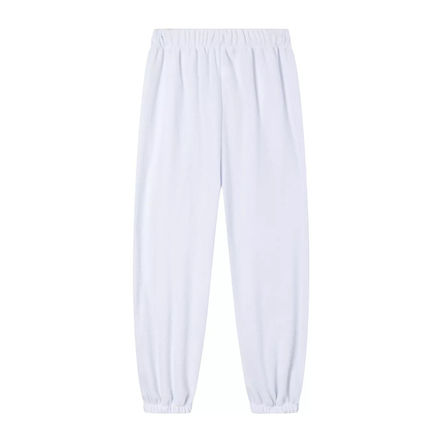 White jogger pants with elastic waistband and gathered cuffs