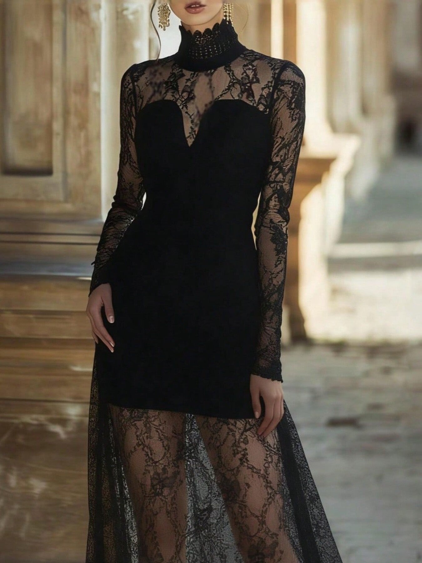 Black lace high-neck long-sleeve maxi dress with sheer lace bodice and sleeves