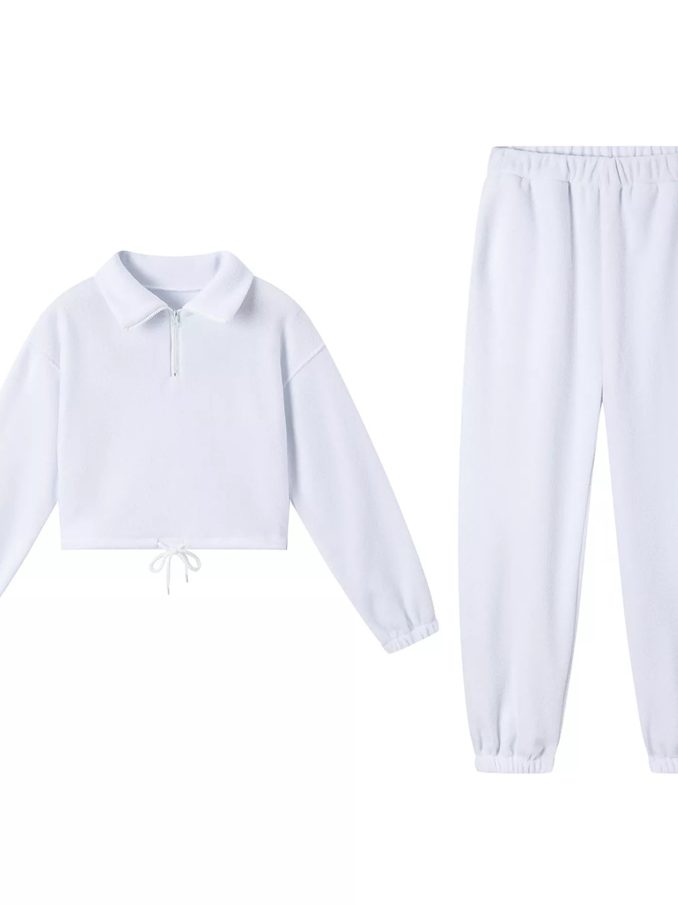 White quarter-zip sweatshirt and jogger pants set, cropped front view on light background