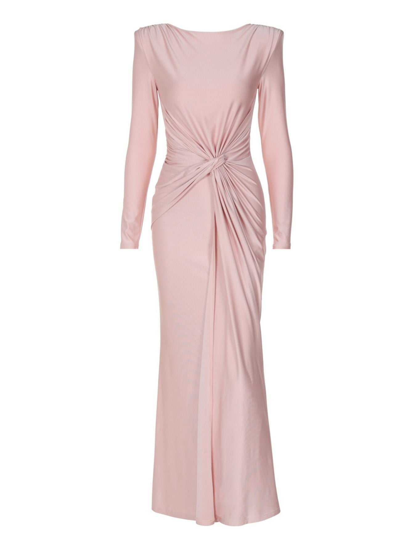 Ruched knot-front long sleeve maxi dress in soft pink, sleeveless-style long sleeves