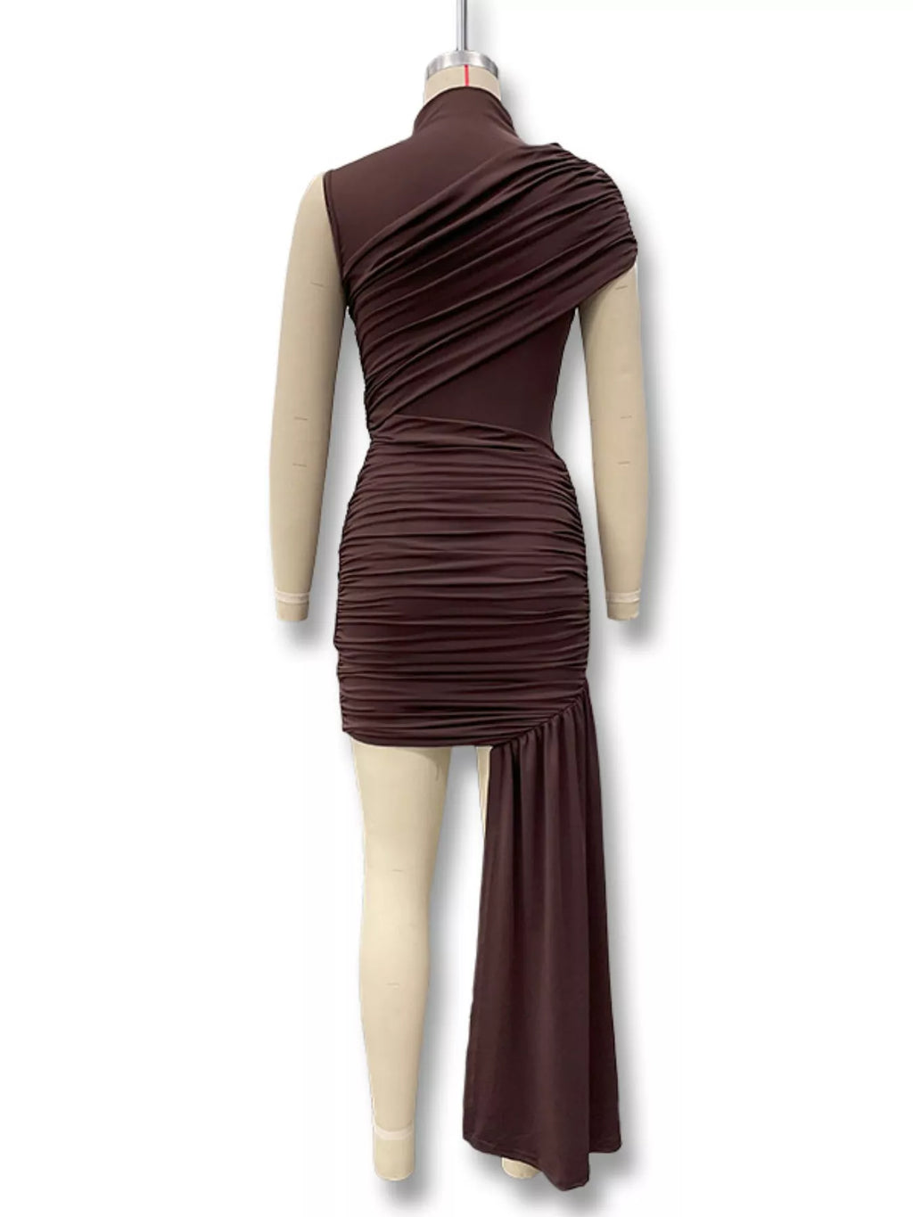 Dark brown back view ruched mock neck dress with gathered waist and long drape