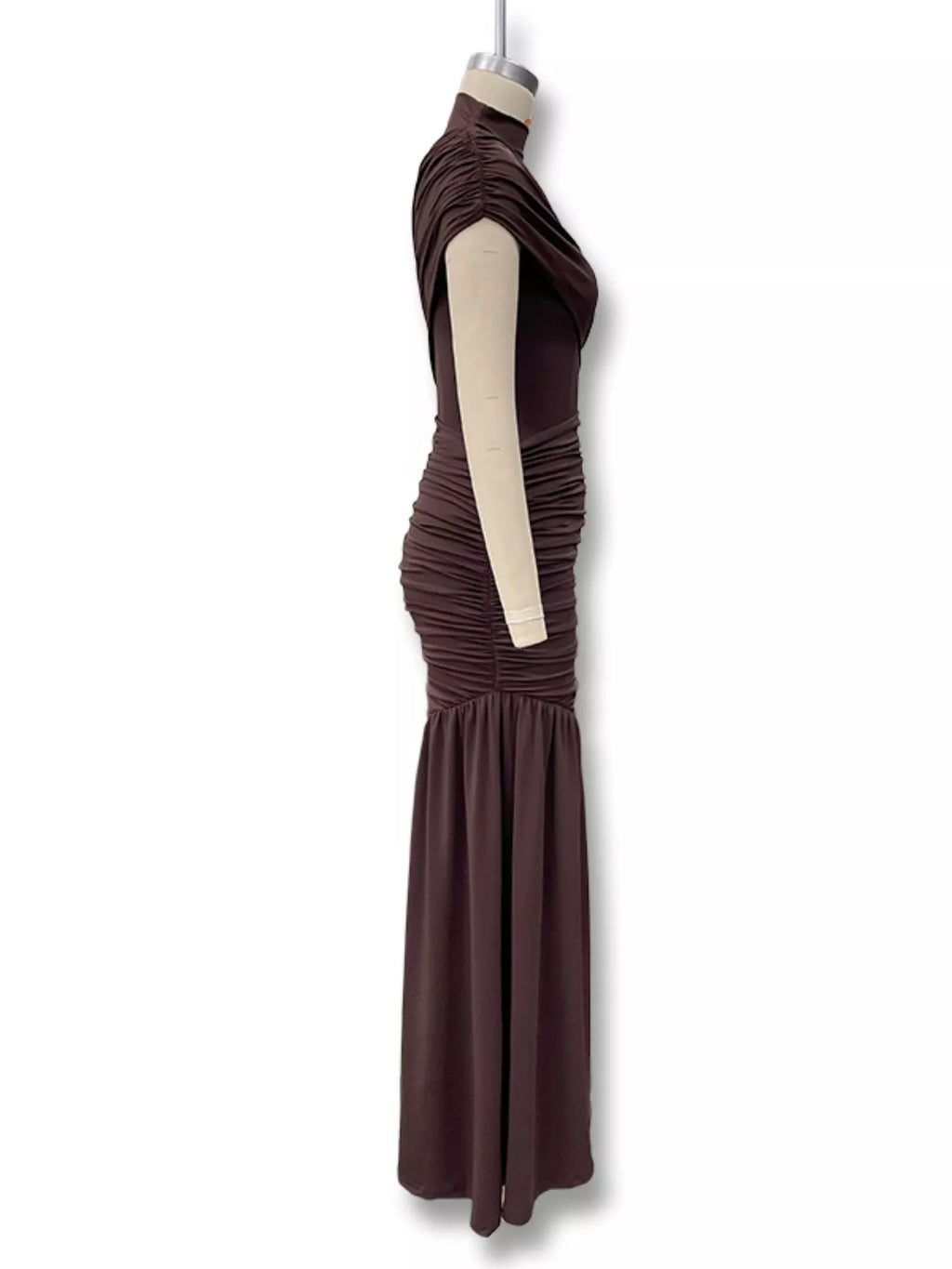 Dark brown ruched mock neck dress with asymmetrical hem and draped side panel