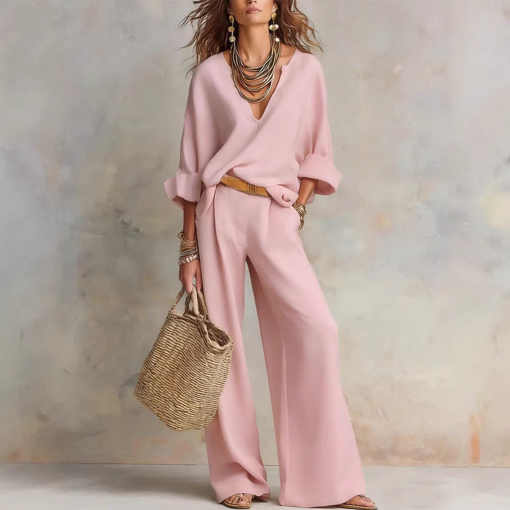 Casual Linen Vacation Set – Three-Quarter Sleeve Top & Full-Length Pants
