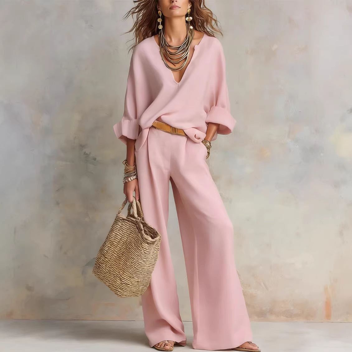 Casual Linen Vacation Set – Three-Quarter Sleeve Top & Full-Length Pants