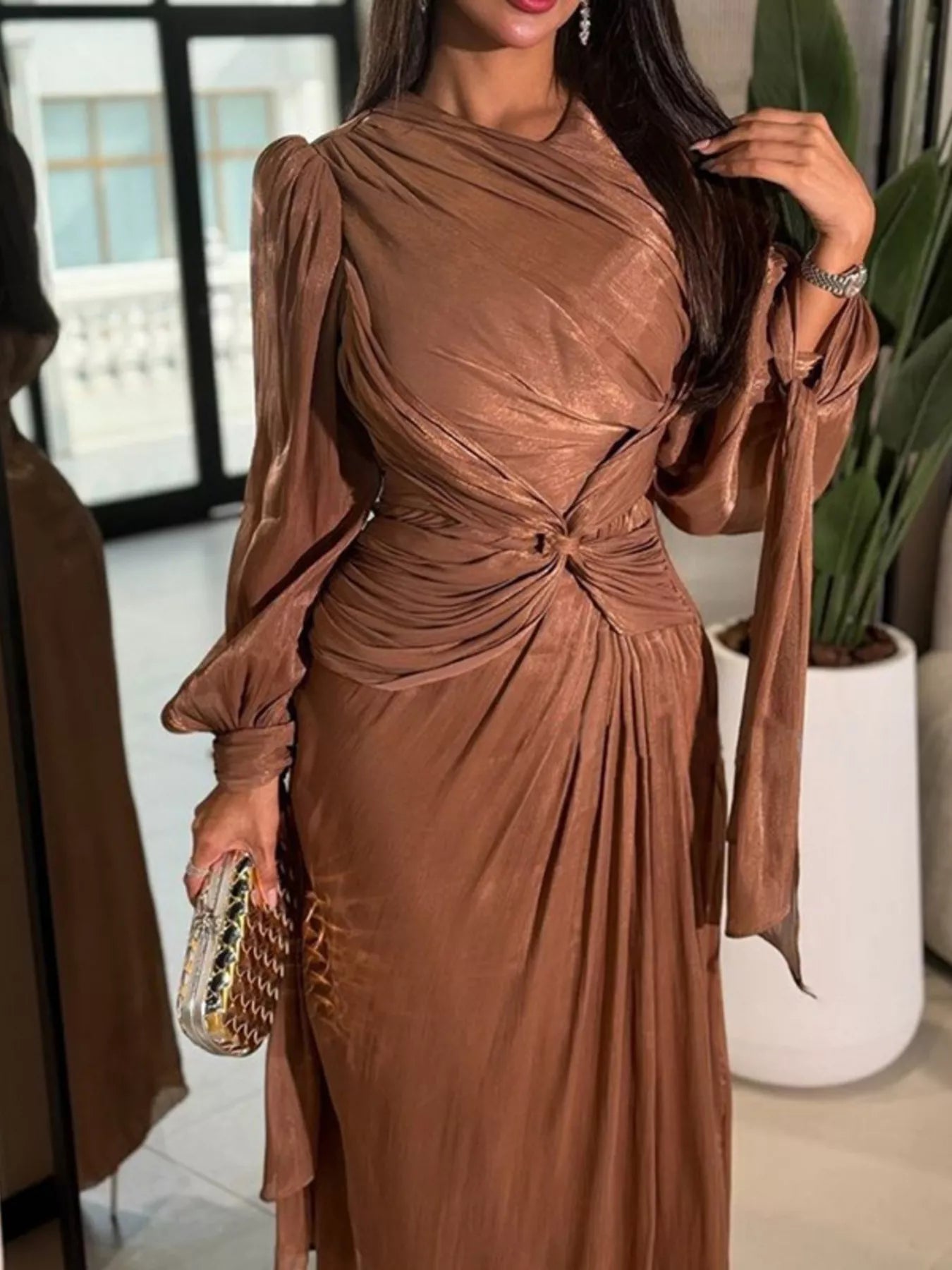 Coffee-brown twisted drape long-sleeve maxi dress with gathered waist detail