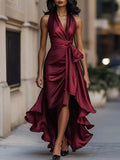 Wine red satin wrap maxi dress with V-neck, sleeveless, ruffled high-low hem, tie waist