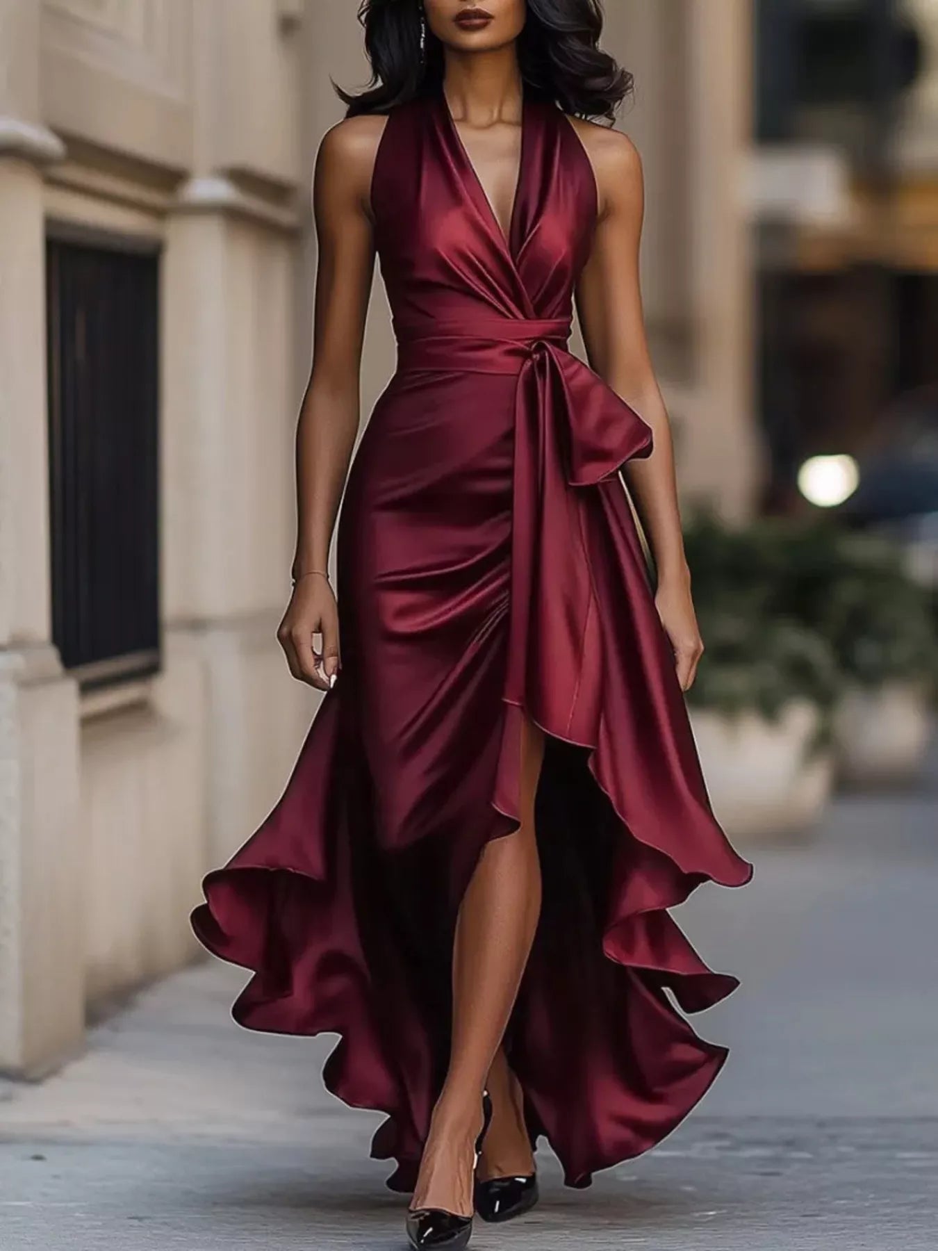 Wine red satin wrap maxi dress with V-neck, sleeveless, ruffled high-low hem, tie waist