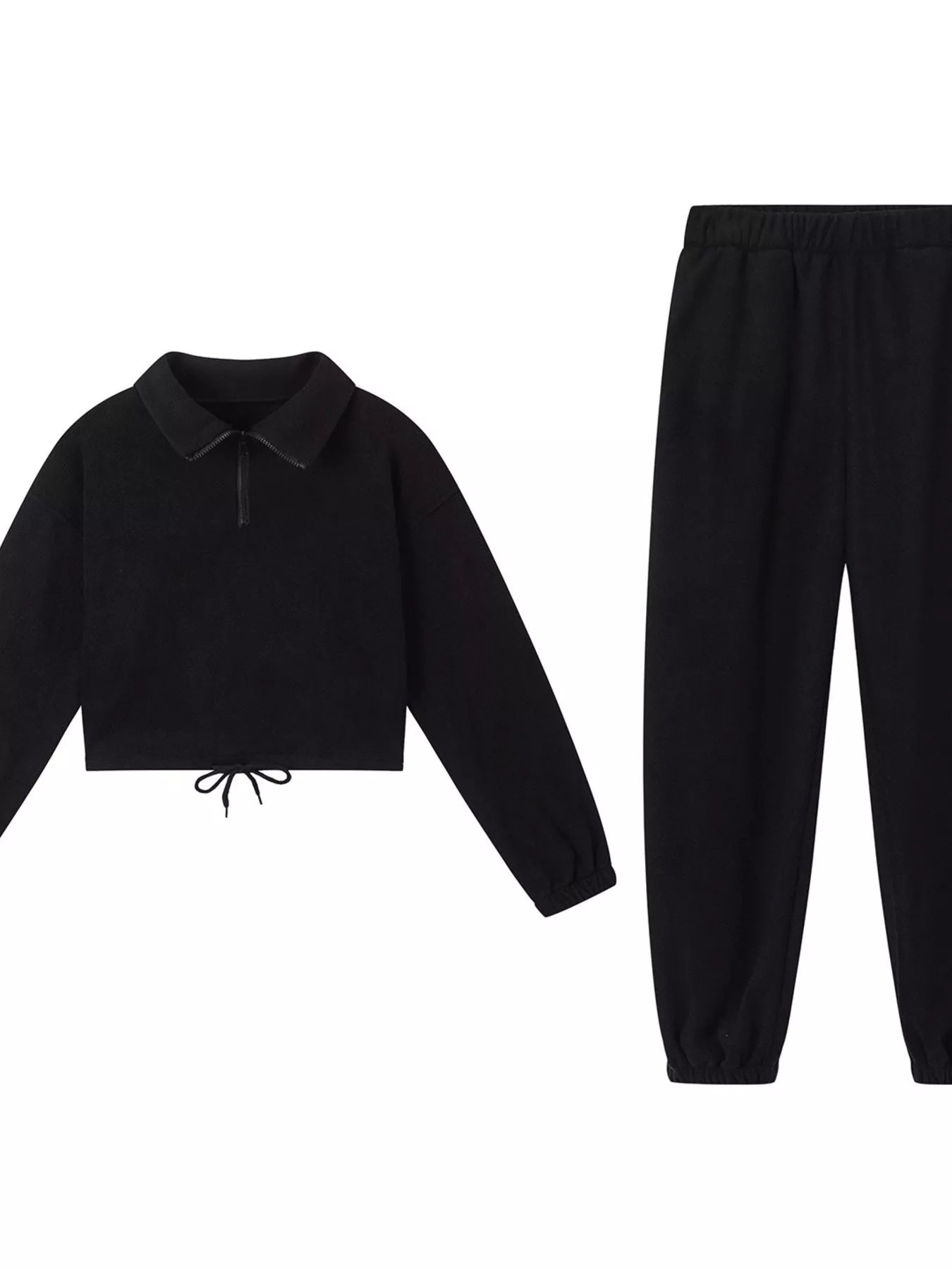 Black quarter-zip sweatshirt and jogger pants set, flat lay front view.