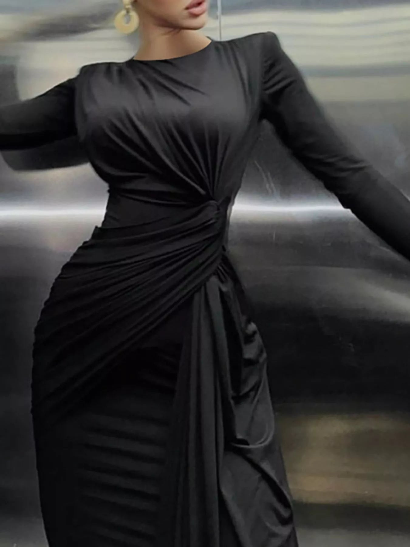 Dark gray twisted long-sleeve maxi dress with ruched knot at the waist