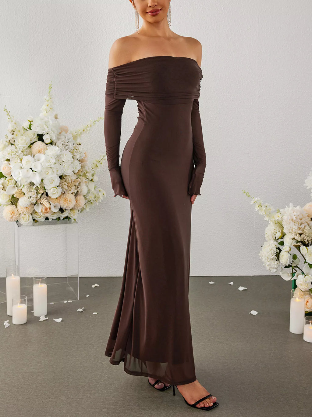 Brown off-shoulder ruched long sleeve maxi dress, full-length view