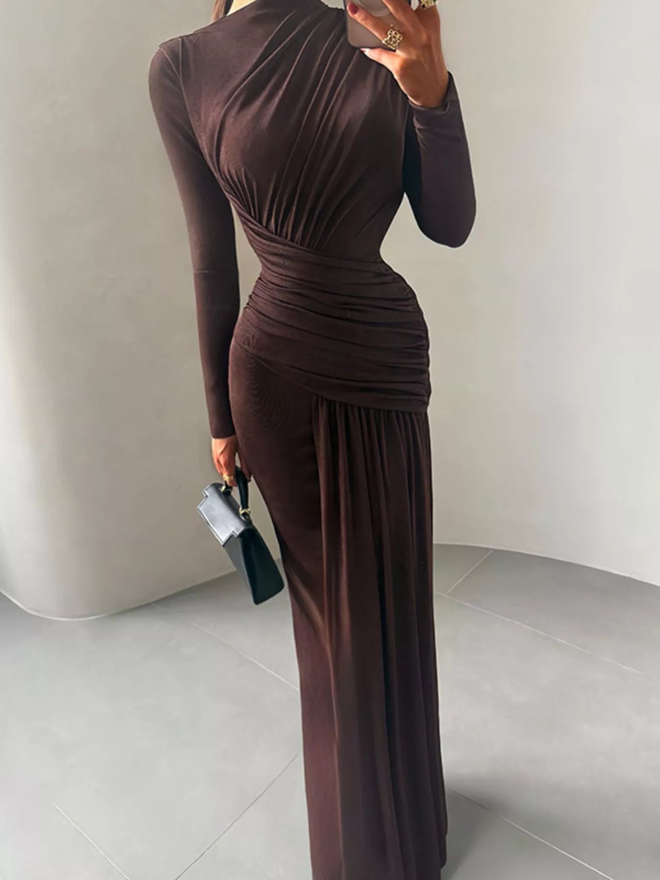 Brown ruched long-sleeve maxi dress, high neckline and pleated side ruching