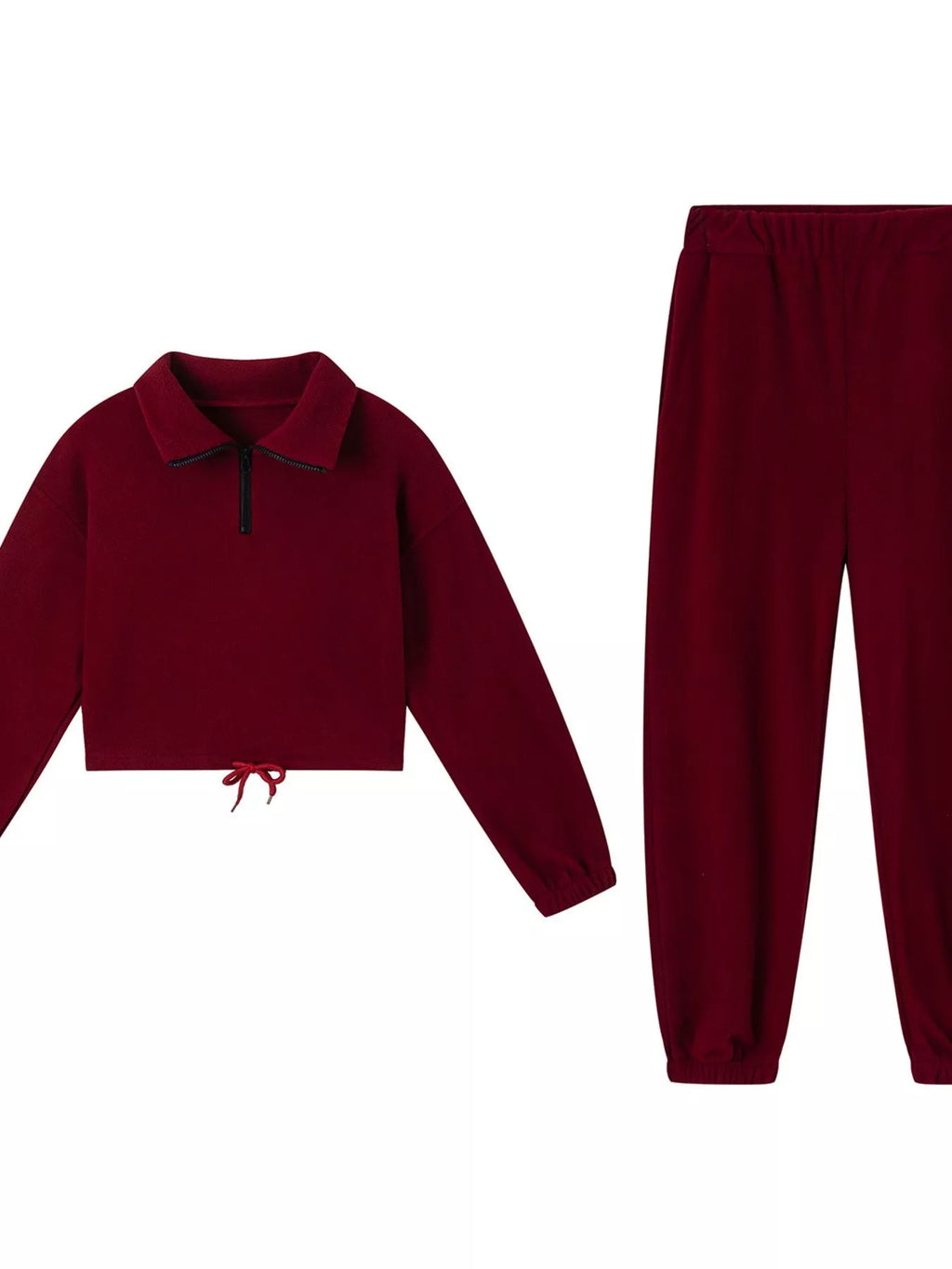 Burgundy quarter-zip sweatshirt and jogger pants set, front view.