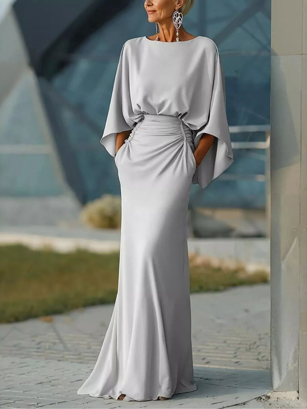Silver satin maxi dress with batwing sleeves and ruched waist drawstring detail