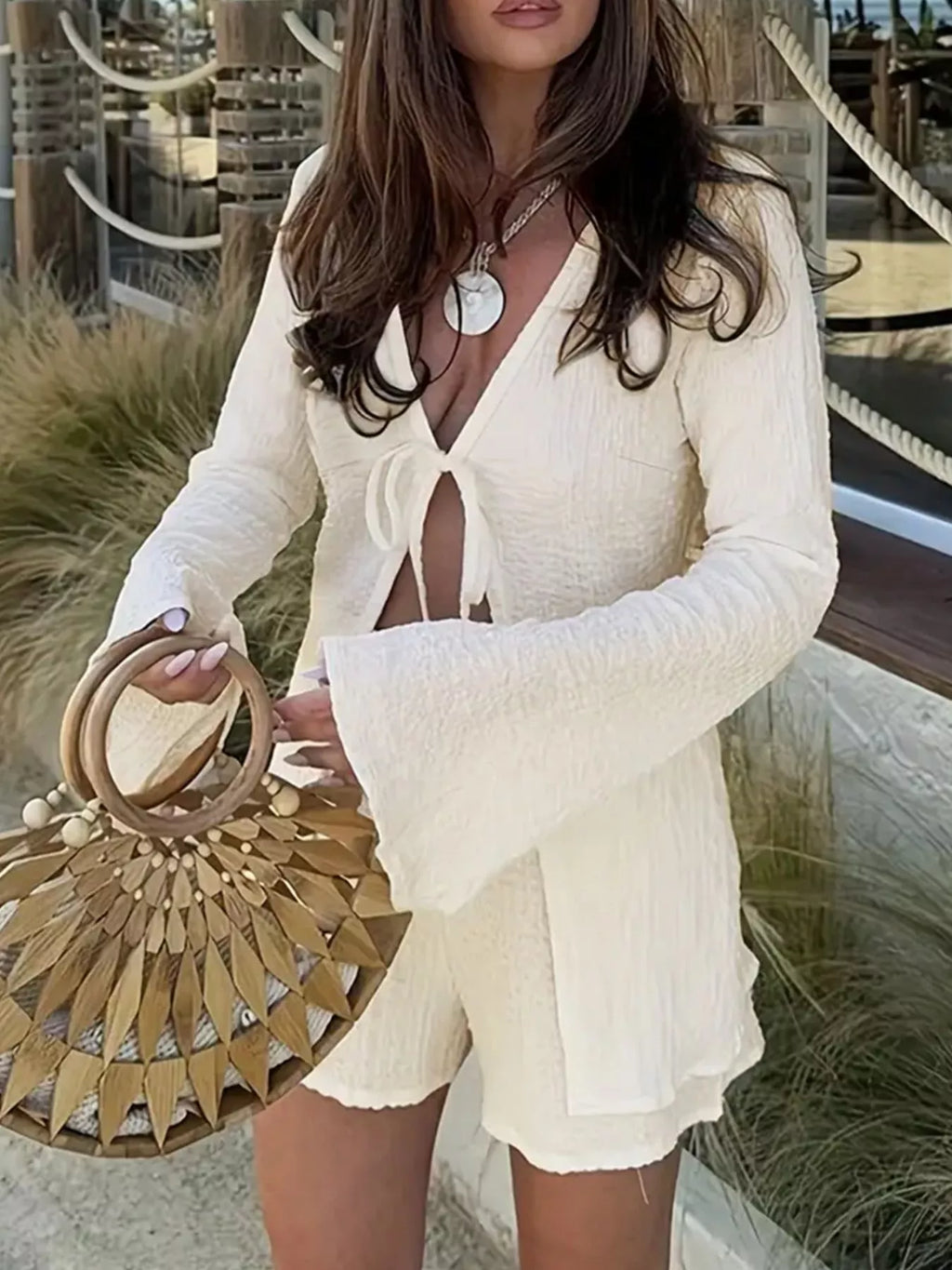 White tie-front cover-up and matching shorts set, open V front with hanging tie