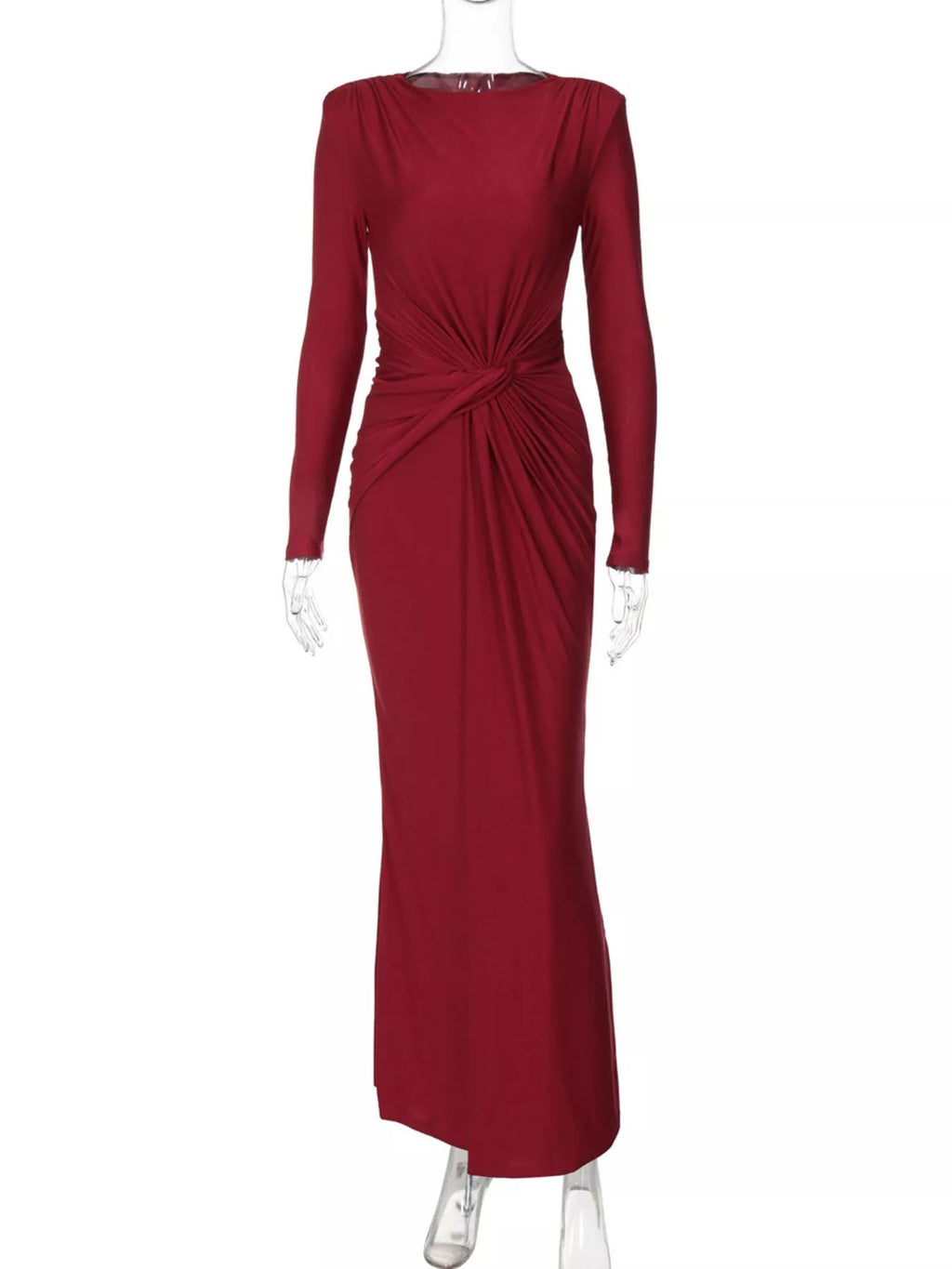 Wine-red twisted long-sleeve maxi dress with gathered knot at the waist