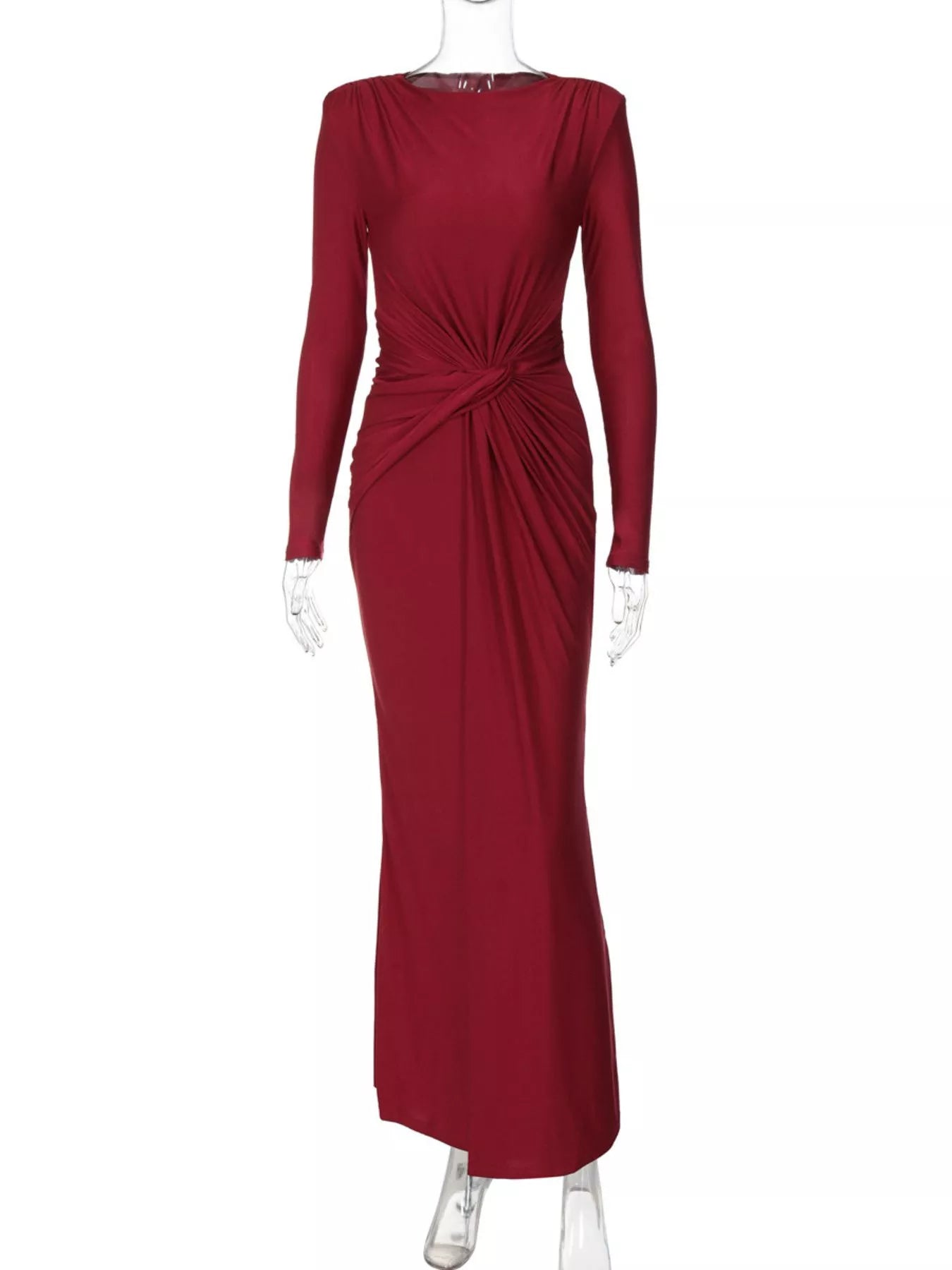 Wine-red twisted long-sleeve maxi dress with gathered knot at the waist