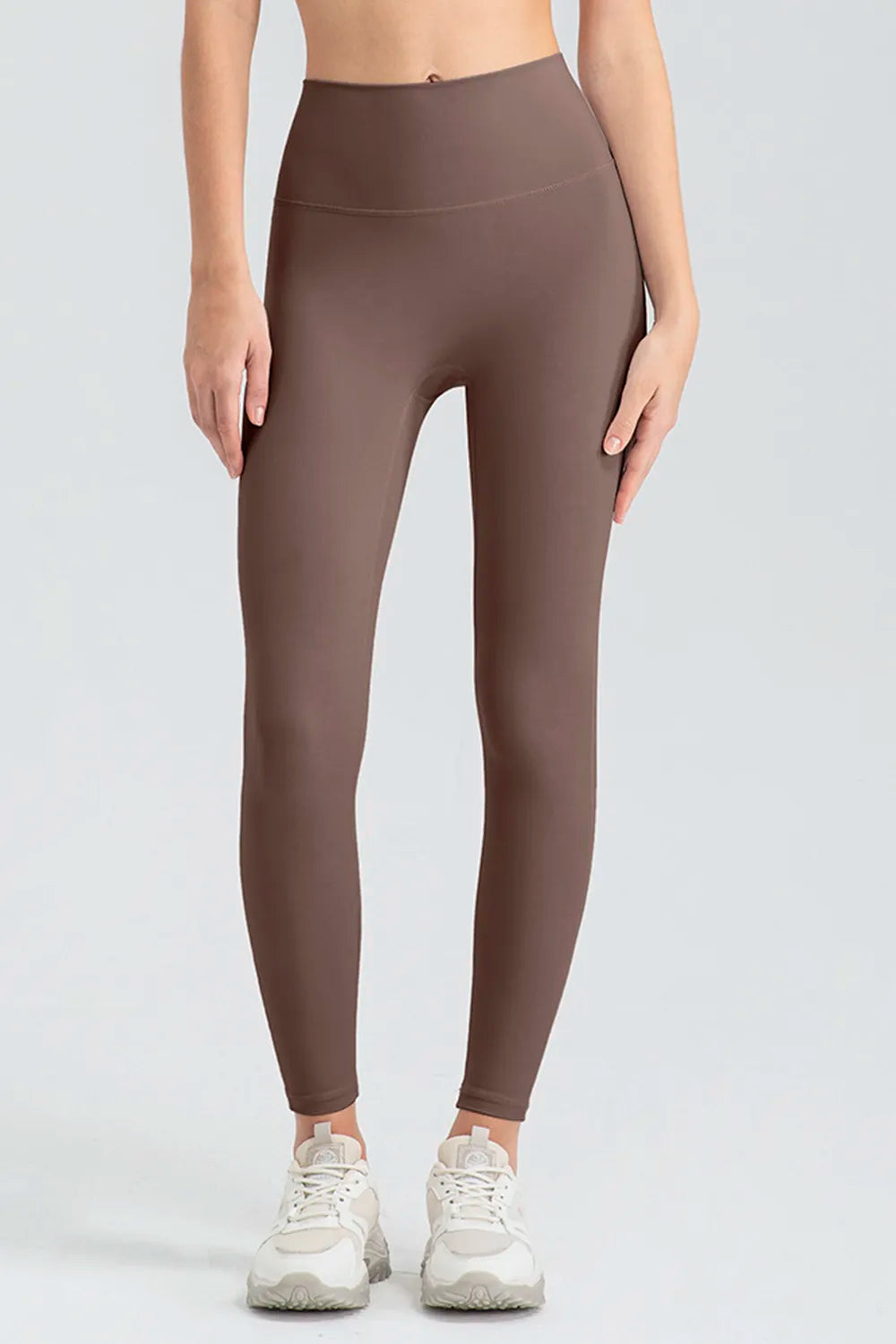 High-waist skinny active pants, mocha, front view with slim fit and stretch waistband