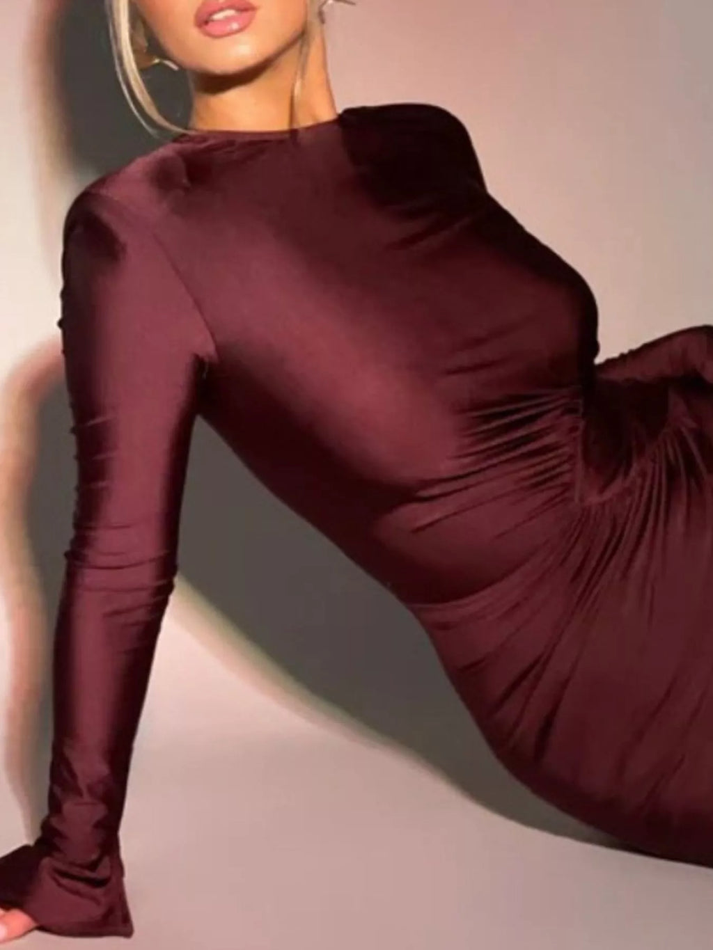 Ruched bodycon maxi dress in burgundy, fitted long sleeves, ruched side panel