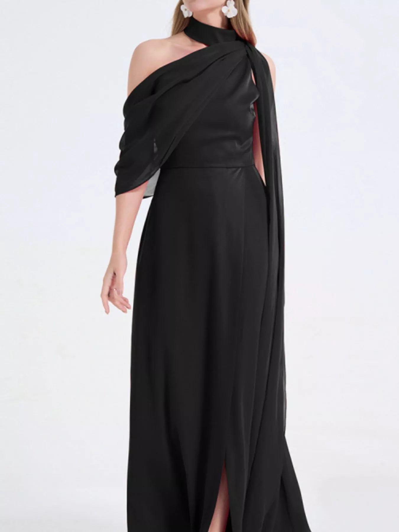 Black one-shoulder maxi dress with high slit and draped asymmetrical neckline
