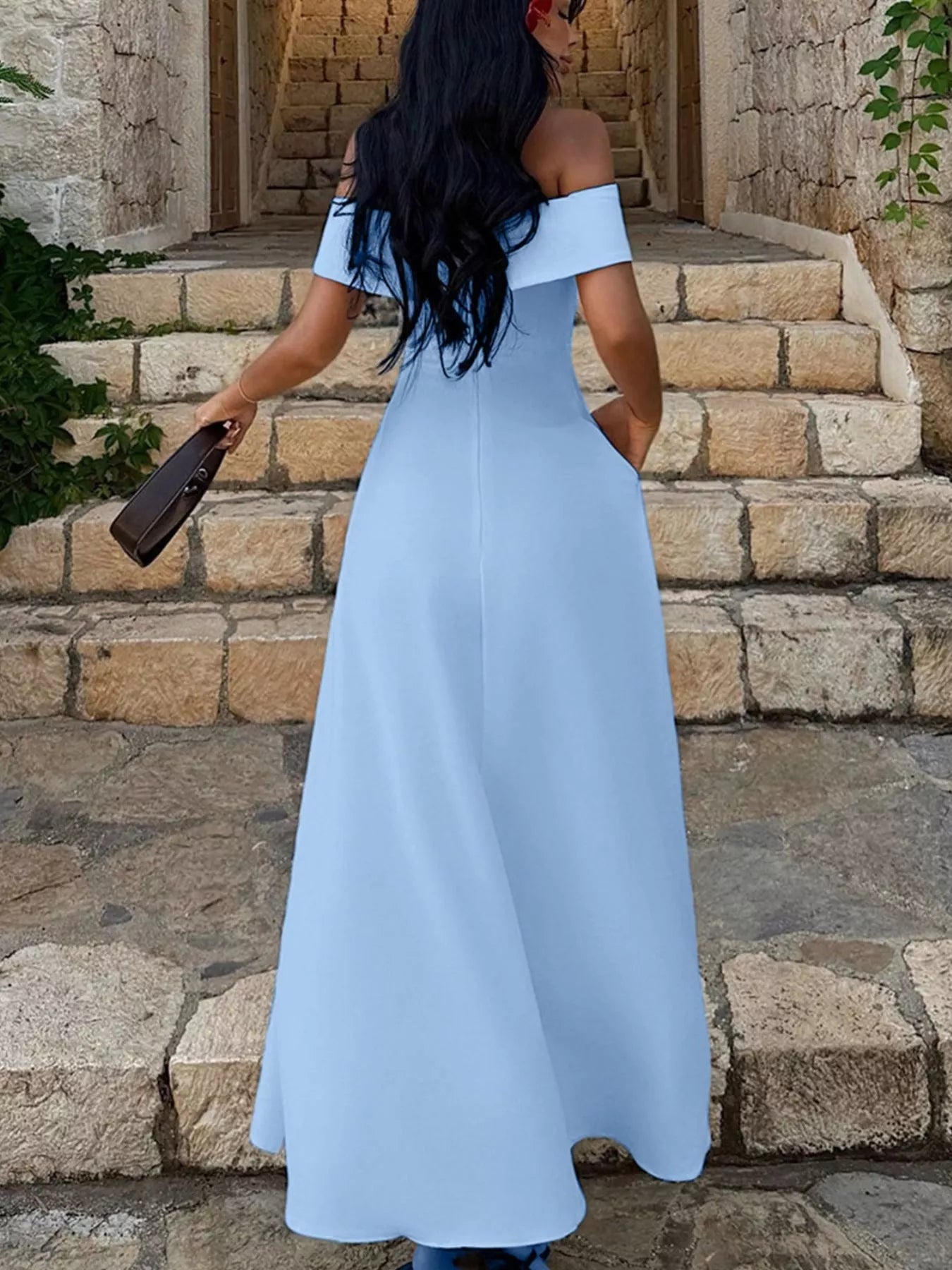 Light blue off-shoulder A-line maxi dress, back view with long flared skirt