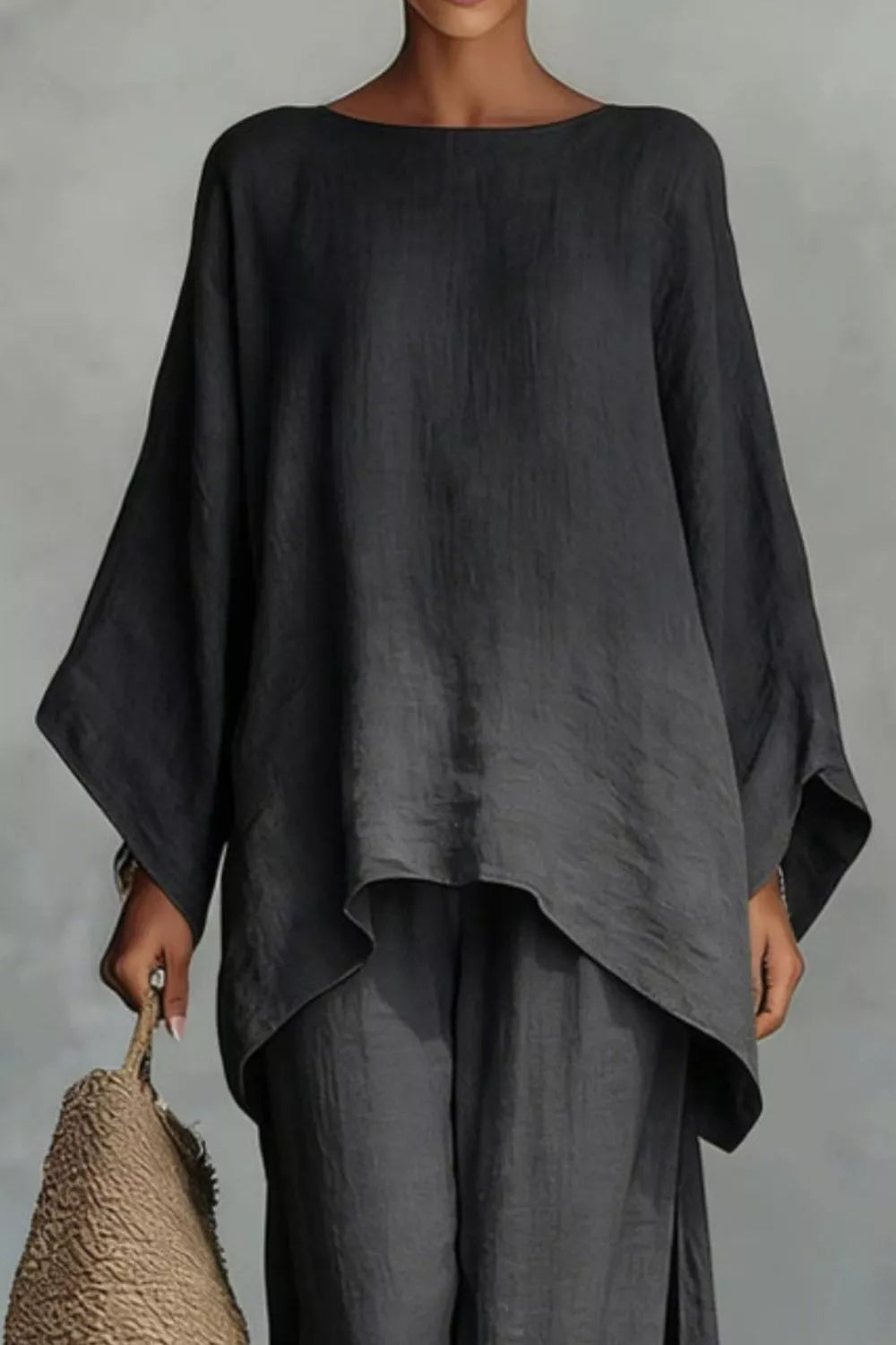Two-piece long-sleeve top and wide-leg pants set, dark gray/black loose tunic top