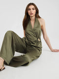 Olive green surplice sleeveless top with ruched waist and wide-leg pants