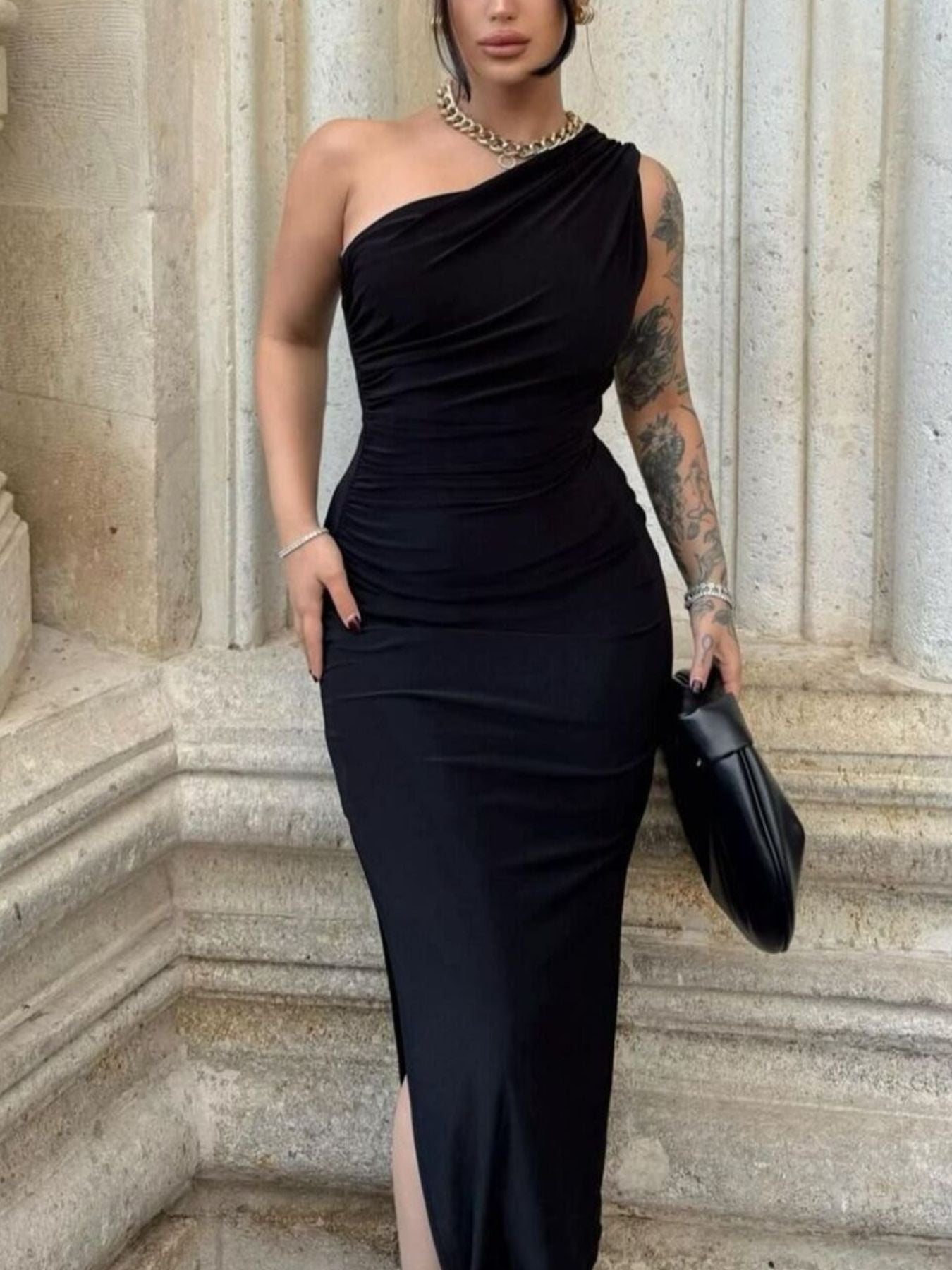 Black one-shoulder ruched bodycon midi dress with side slit, draped neckline