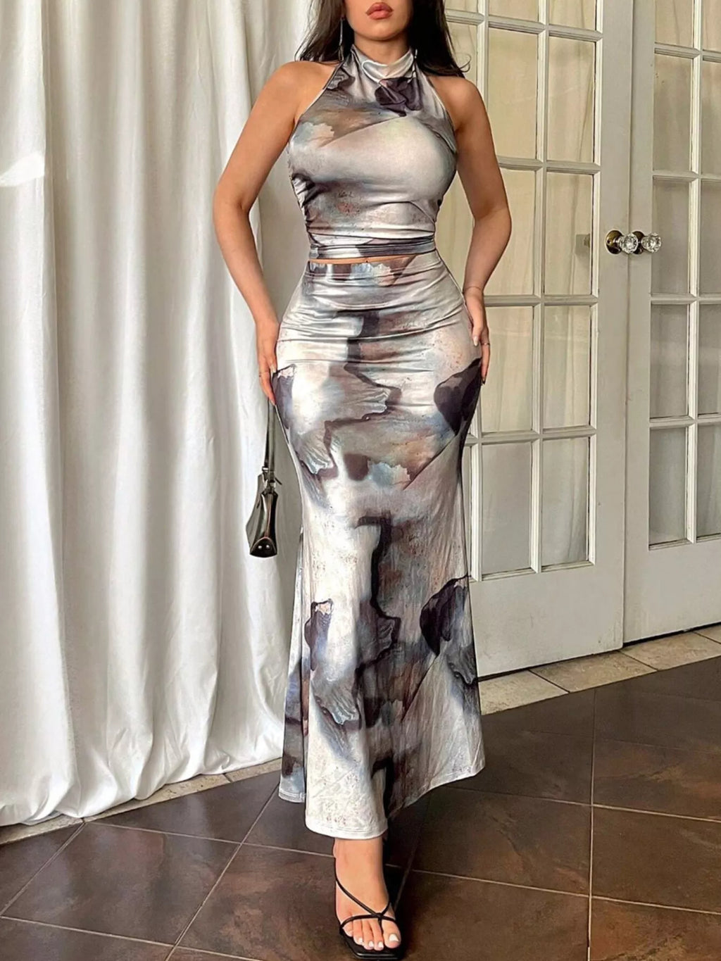 Tie-dye halter top and mermaid skirt set, silver-gray and purple abstract print