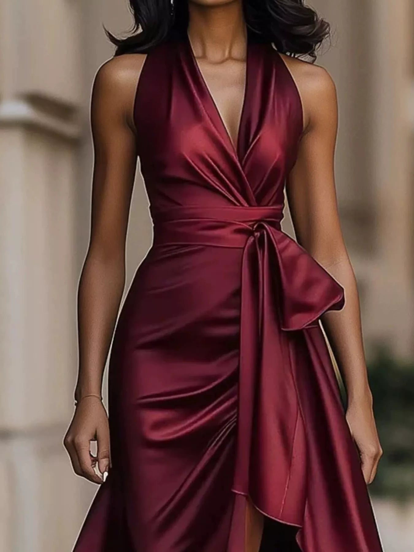 Wine red satin wrap maxi dress with V-neck, sleeveless, ruffled high-low hem, bow tie