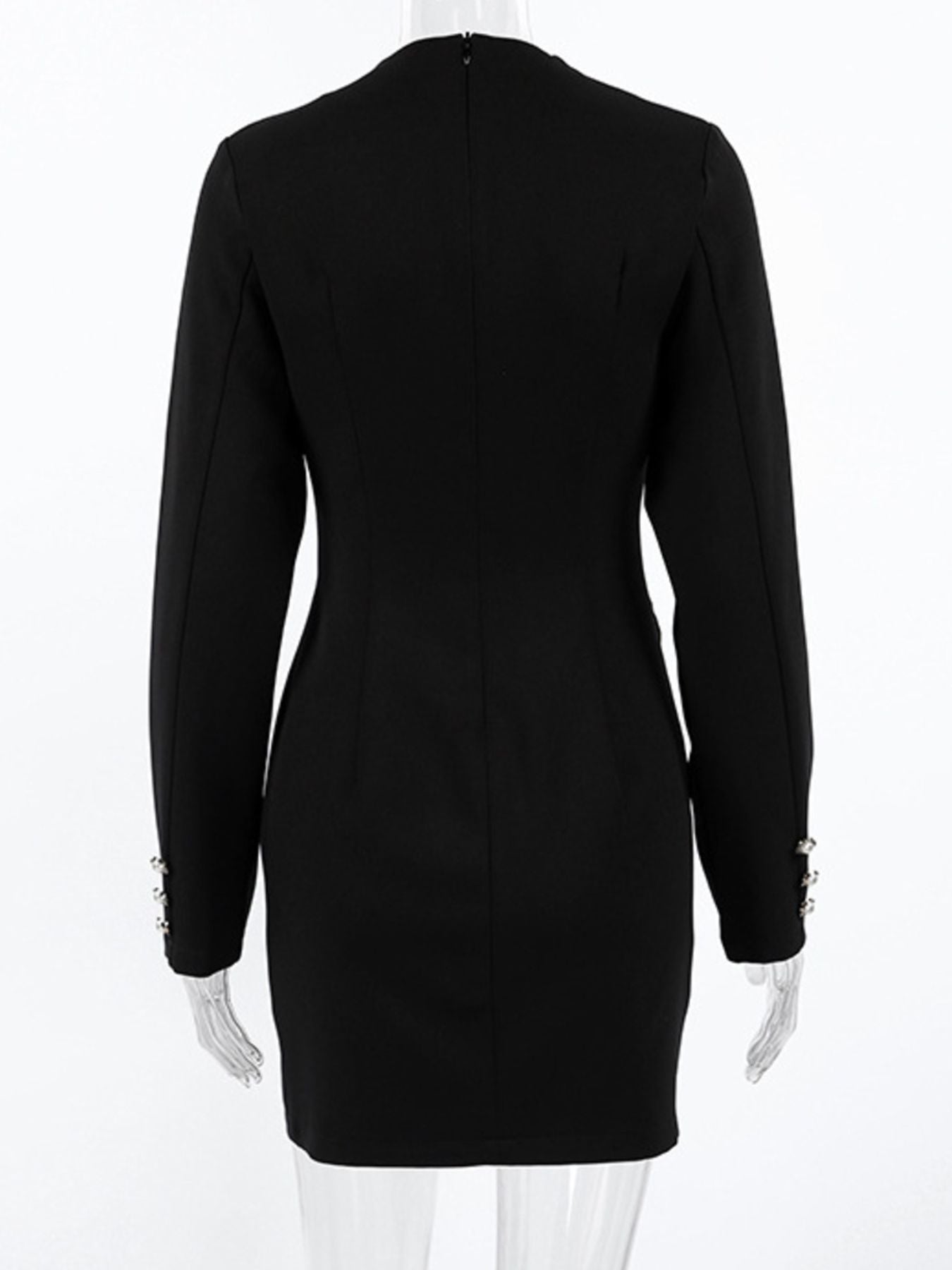 Back view of black long-sleeve mini dress with tailored seams and fitted silhouette.