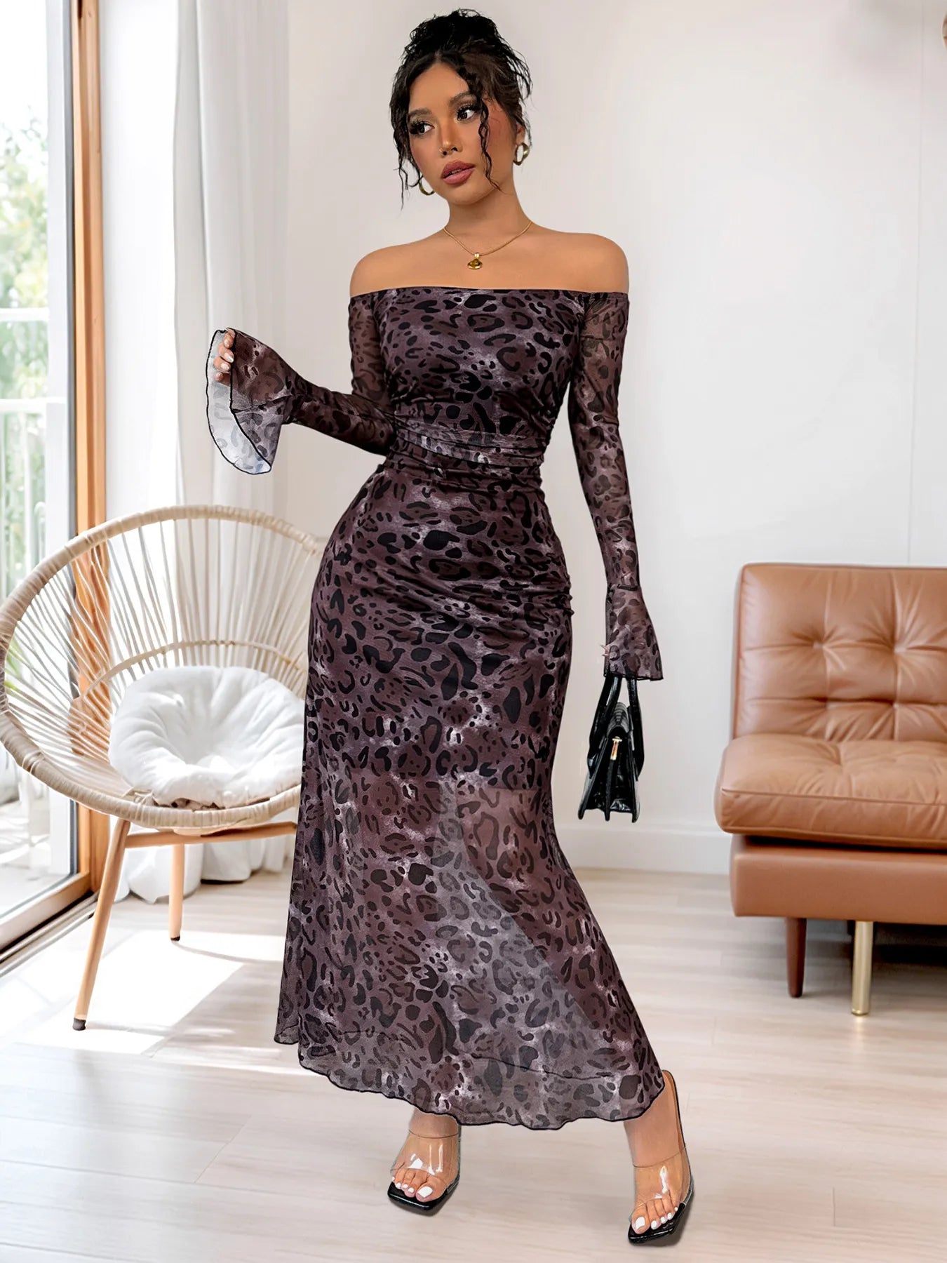 Purple leopard-print off-shoulder maxi dress with long bell sleeves and fitted waist