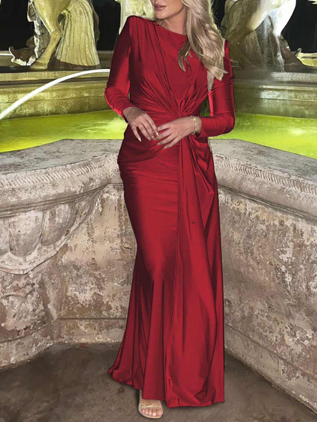 Ruched knot-front long sleeve maxi dress in deep red, front draped gathers and side fall.