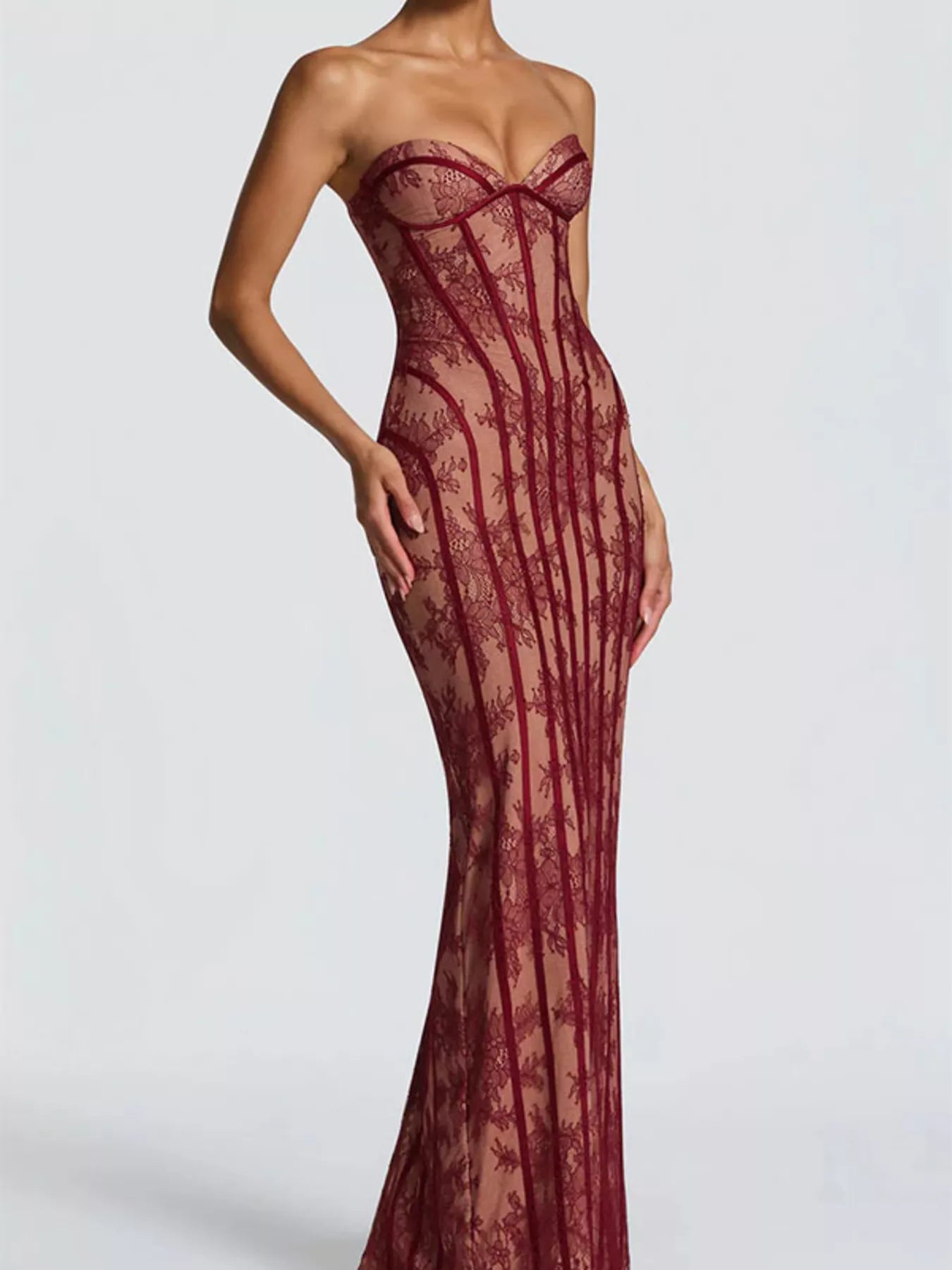 Burgundy strapless lace-up back maxi dress with corset cups and sheer lace vertical stripes