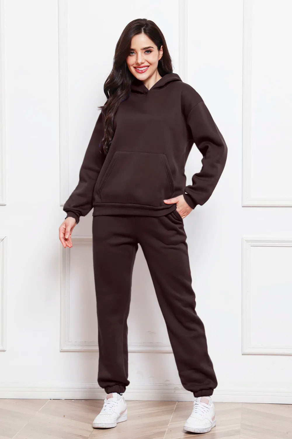 Dark brown drop-shoulder long-sleeve hoodie and jogger pants set, front view