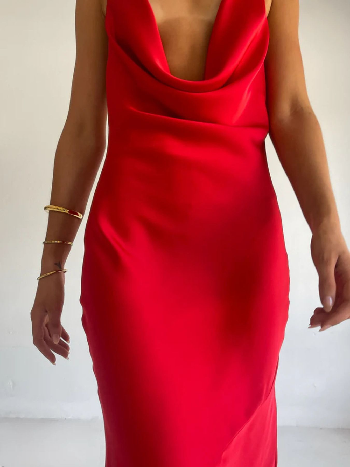 Red satin halter maxi dress with deep V front and smooth draped neckline